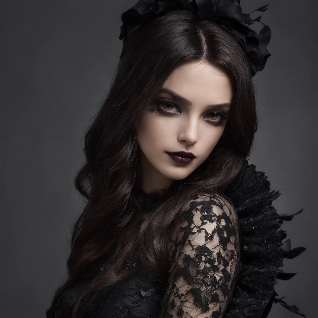 (melhor qualidade,Altas,ultra-detalhado),Dark and mysterious girl with brown eyes and symbolic Gothic clothes,arame farpado cobrindo seu corpo,Cabelo castanho longo escuro,fios cinzentos nas extremidades,Retratos,foco nítido,profissional,Bokeh,dramatic lighting,paleta de cores escura e mal-humorada