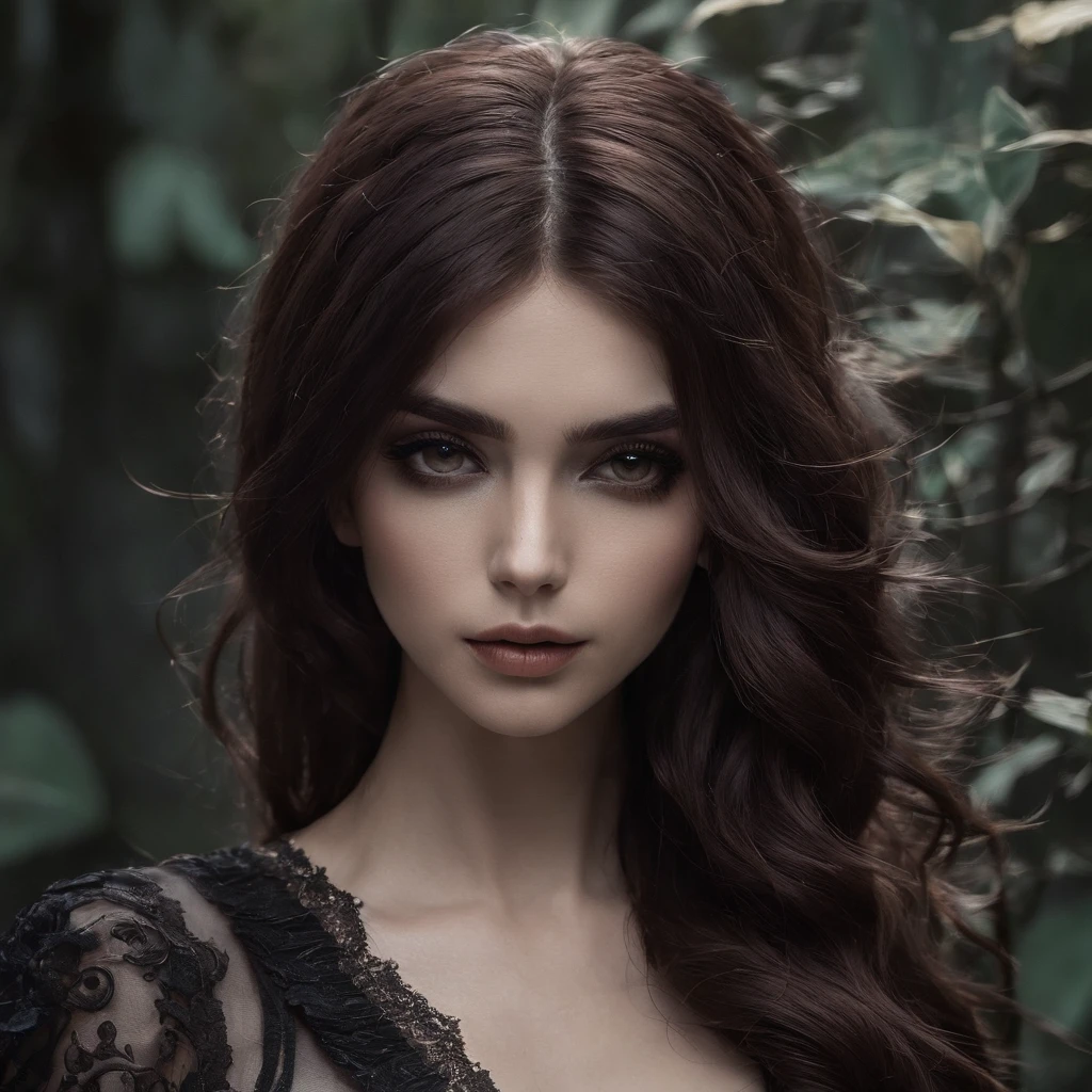 (melhor qualidade,Altas,ultra-detalhado),Dark and mysterious girl with brown eyes and symbolic Gothic clothes,arame farpado cobrindo seu corpo,Cabelo castanho longo escuro,fios cinzentos nas extremidades,Retratos,foco nítido,profissional,Bokeh,dramatic lighting,paleta de cores escura e mal-humorada