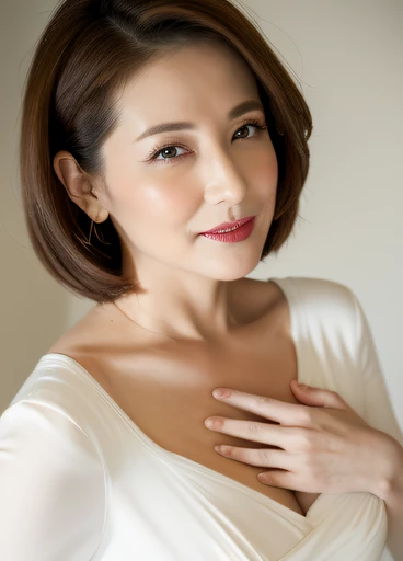 masterpiece,best quality, (one milf), ((portrait:1.5)), makeup, elegant white shirt, lewd, erotic, touch own chest, ((seduction expression)),