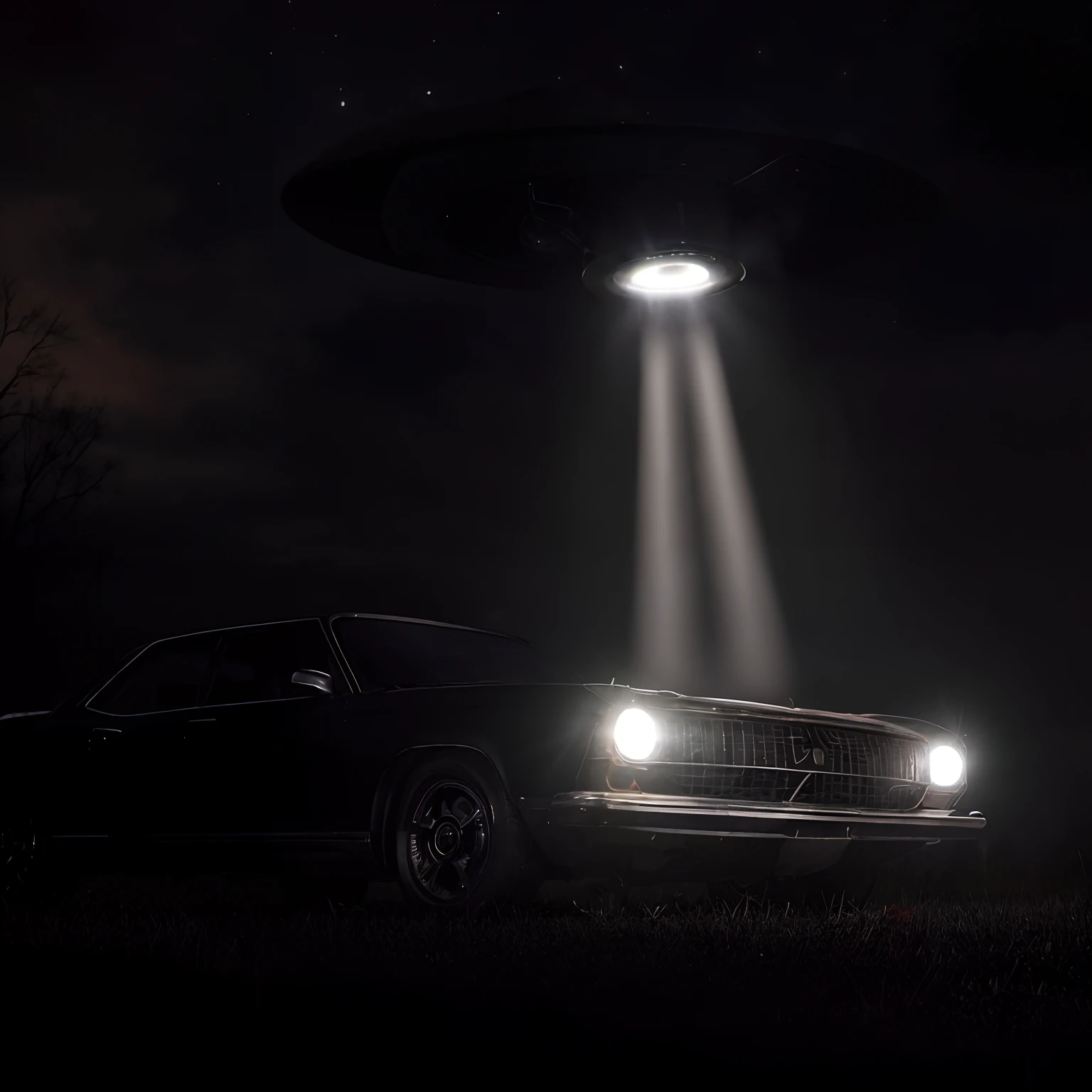 There is a car that is parked on the grass at night, Rapto de OVNIs, ufo lighting, alien abduction, OVNI, Ovnis, Pouso de OVNIs, UFO AttackLogical, alien mothership in the sky, abduction, unpublished photo of ufo, OVNIlogia, extraterrestre, disco voador, Inspirado em Roger Deakins, The headlights are on, Caiu em Roswell