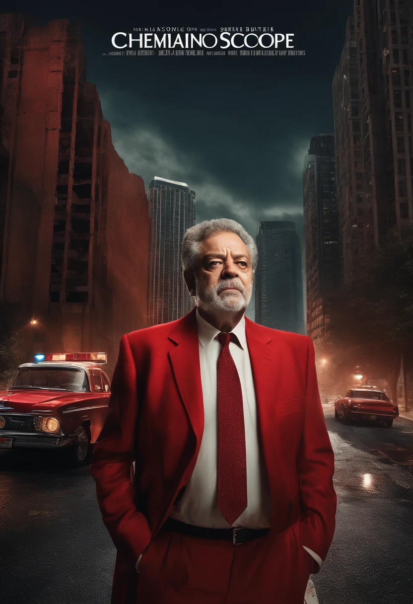 O Spent, Luiz Inácio Lula da Silva wearing a tattered red suit, behind a pallet of money, on a dark street, skyscrapers in the background, police car on the side of the street, tilted camera angle, cinematic, film poster, font Big title, high details