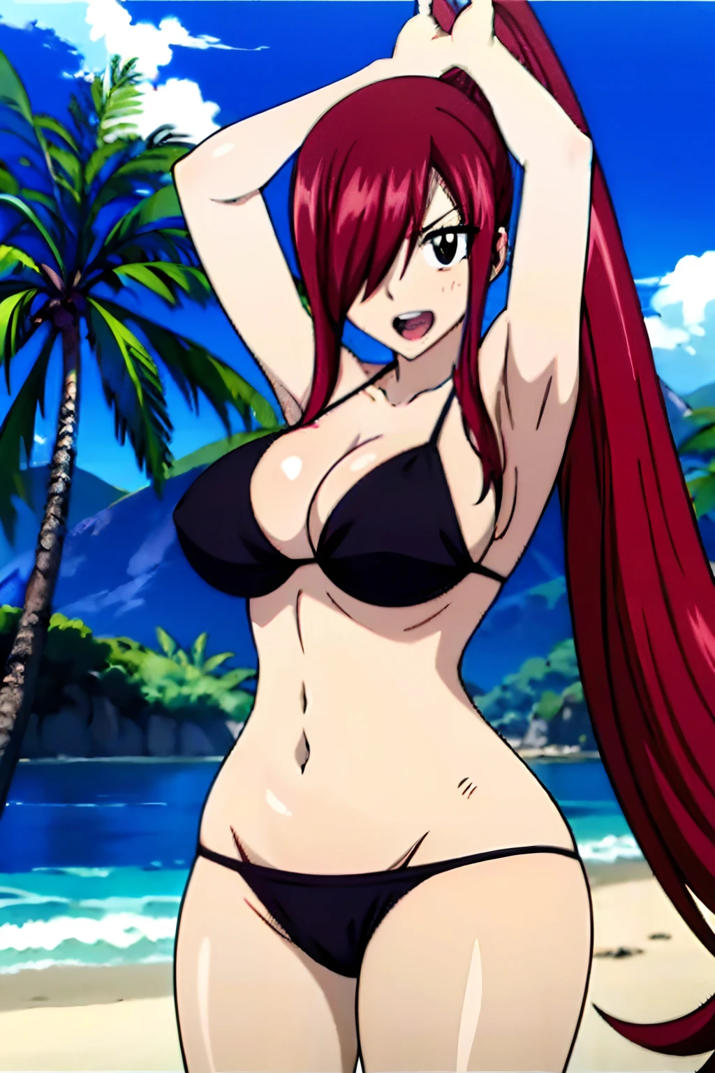 masterpiece, anime style, beach, best quality, highres, fairy tail, 1girl, long hair, ponytail, reddish hair, (bang cover one eye, one hidden eye, brown eye), large breasts, collarbone, midriff, black bikini, standing, outdoors, smile, open mouth, emo hair, thick arms, broad shoulders, tattoo only on shoulder, mature woman, (tall), wide shoulders, long belly, armpit