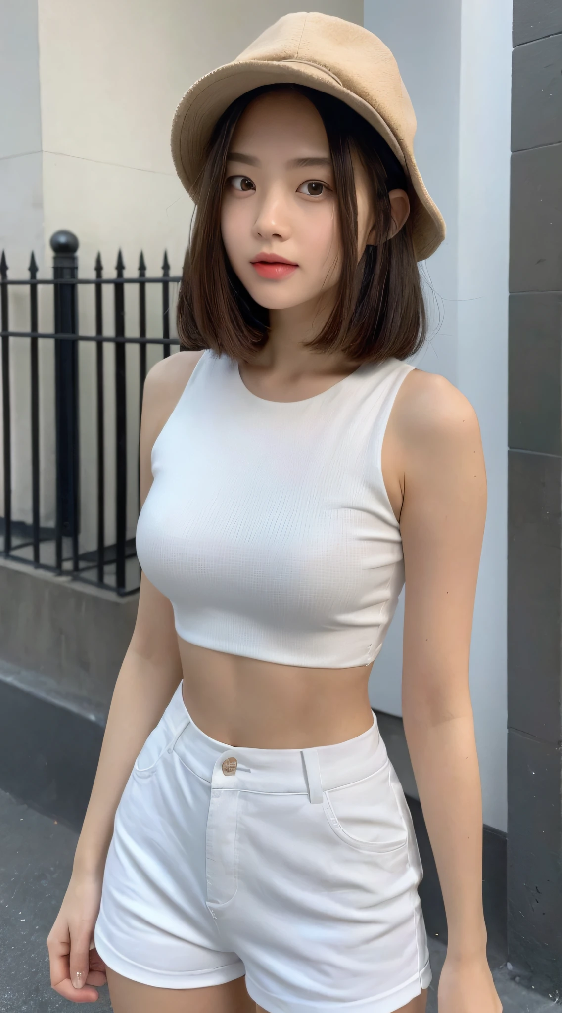 (Detailed skin:1.2),(Shiny skin:1.1),8k,highest quality, masterpiece, Ultra-high resolution,(Realistic:1.4), RAW Photos,(Soft Saturation:1.3),(Fair skin:1.2),One Japanese idol,repair,20 years, Brown Hair, Medium Hair, Asymmetrical Hair, Wavy Hair, Asymmetrical bangs
 (Pretty face:1.4), (Ample breasts, Tight waist), Beautiful lighting, Small Head,
(Micro Mini Skirt:1.2, micro tube top:1.2, Korean Fashion:1.2), (belly button:1.2, Slim Abs), Highly detailed face, Highly detailed lips, fine grain, double eyelid, Smiling, Full Body Shot, Browsing Caution, Sharp focus: 1.2, Beautiful woman with perfect figure: 1.2、Random Pause，Sitting hugging your knees、With legs apart