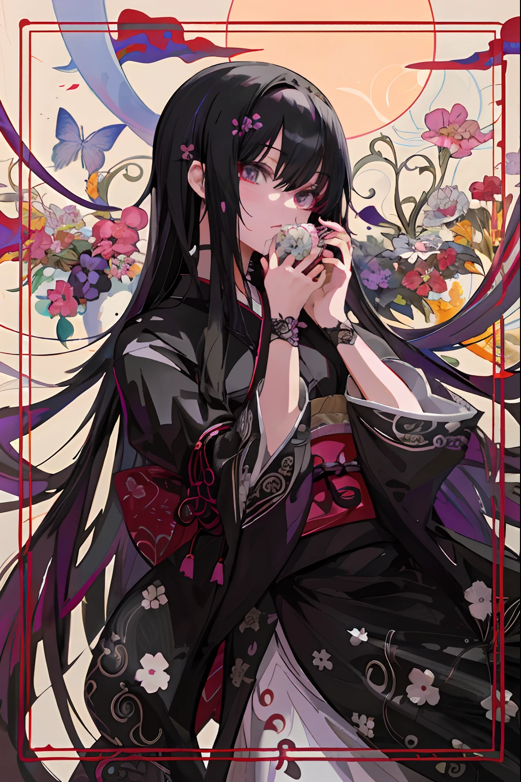 anime girl with long black hair and a black dress holding a flower, by Jin Homura, clean detailed anime art, detailed digital anime art, black - haired mage, detailed anime art, anime illustration, zerochan art, yandere intricate, detailed anime artwork, anime style 4 k, beautiful anime artwork, detailed fanart, handsome japanese demon boy, anime style illustration