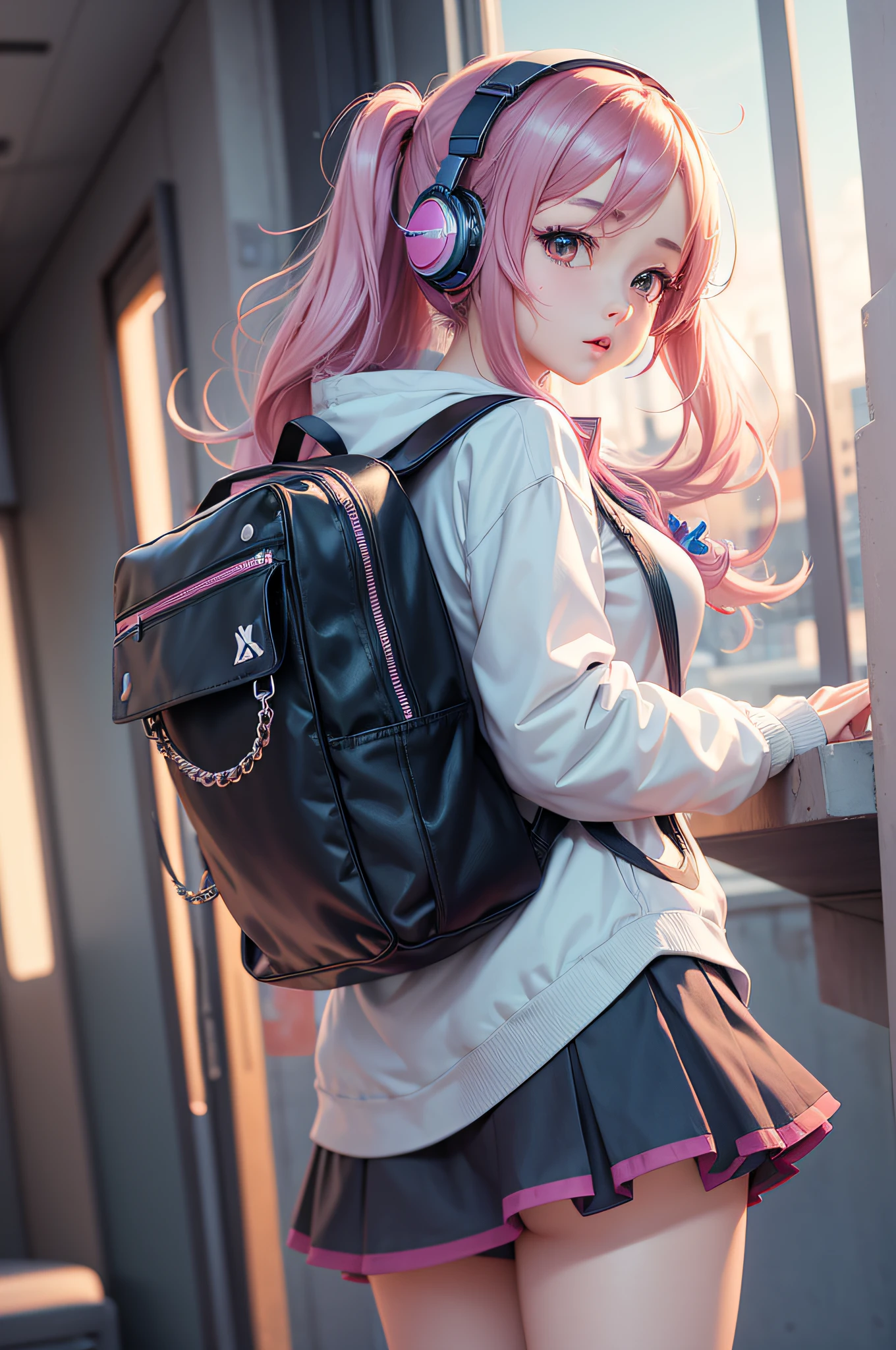 Anime girl looking at phone with headphones and backpack, style of anime4 K, Alice X. zhang, Digital anime art, nightcore, Digital anime illustration, anime styled digital art, Anime art wallpaper 4k, Anime art wallpaper 4 K, anime art style, anime digital art, Anime style artwork, Anime style. 8K, Detailed digital anime art