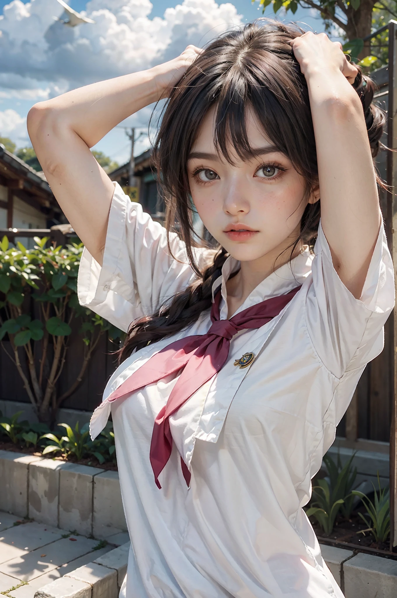 master part, best quality,, Sakura Bakushin o (Umamusume),, (Close-up:1.2), chuva, Cloud, Nublado, Sombra,, Serious, arms up, Axilas, boca fechada, Segurar a boca,, Epaulettes, luvas pretas, Mangas, yellow neckerchief, camisa, amarrar o cabelo,