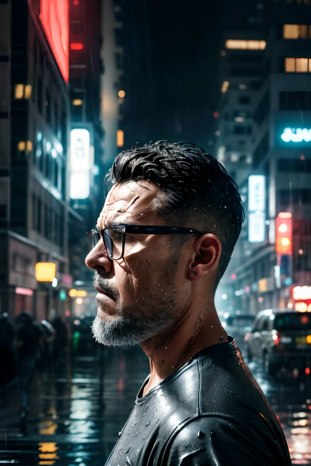 guttoepic2, epiCRealism-pureEvolutionbest quality, masterpiece, (photorealistic:1.4), RAW photo, 8k 1 crying man with glasses, tears, black hair, brown eyes, Blue shirt, Standing, street, close-up, perfecteyes, raining, wet face, soaked hair, realistic water drops,jensenDX,letho_soul3142,Movie Still, sharp focus, emitting diodes, smoke, artillery, sparks, racks, system unit, motherboard, by pascal blanche rutkowski repin artstation hyperrealism painting concept art of detailed character design matte painting, 4 k resolution blade runner