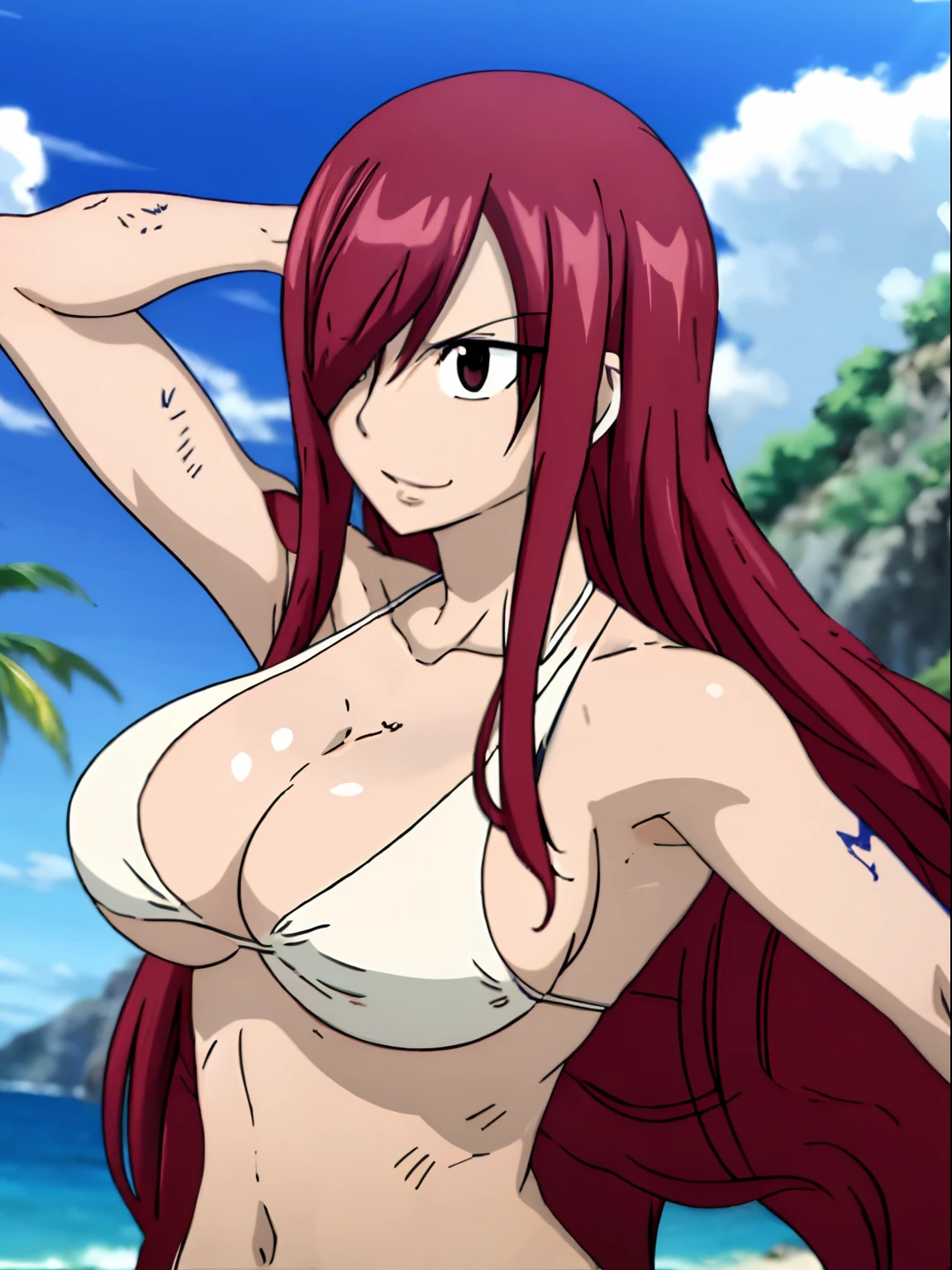 masterpiece, anime style, beach, best quality, highres, fairy tail, 1girl, long hair, reddish hair, (bang cover one eye, one hidden eye, brown eye), large breasts, collarbone, midriff, white bikini, standing, outdoors, smile, open mouth, emo hair, thick arms, broad shoulders, mature woman, (tall), wide shoulders, long belly, armpit, strong arms, ultra detailed arms, tortured