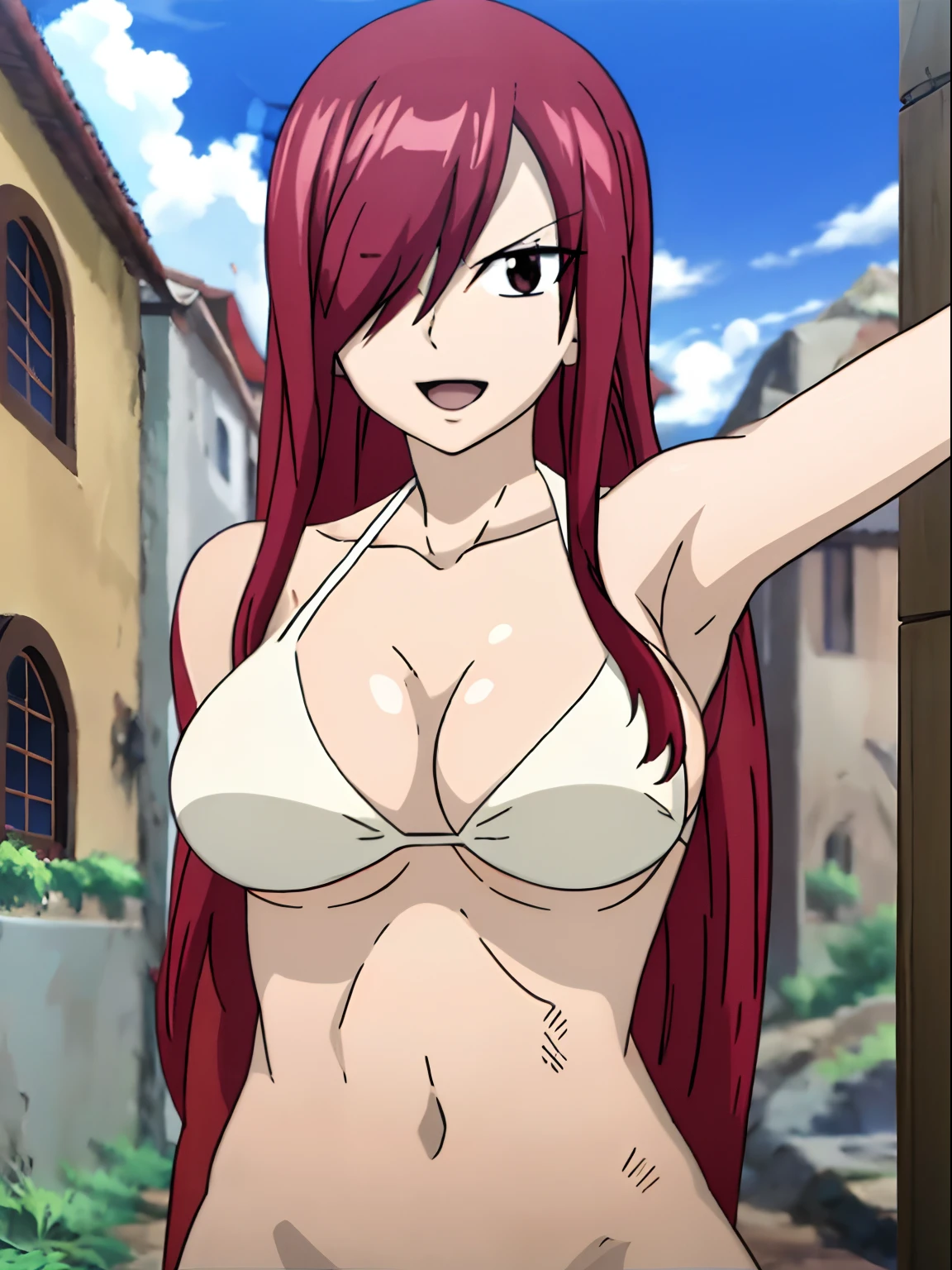masterpiece, anime style, beach, best quality, highres, fairy tail, 1girl, long hair, reddish hair, (bang cover one eye, one hidden eye, brown eye), large breasts, collarbone, midriff, white bikini, standing, outdoors, smile, open mouth, emo hair, thick arms, broad shoulders, mature woman, (tall), wide shoulders, long belly, armpit, strong arms, ultra detailed arms, tortured