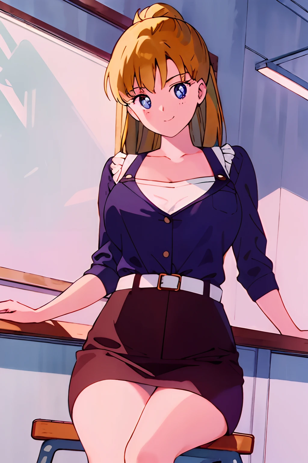 best quality, masterpiece, 1girl, light smile, looking at viewer, dark blonde, cowboy shot, sitting on a chair at a work bench, on the work bench there are erlenmeyer flasks