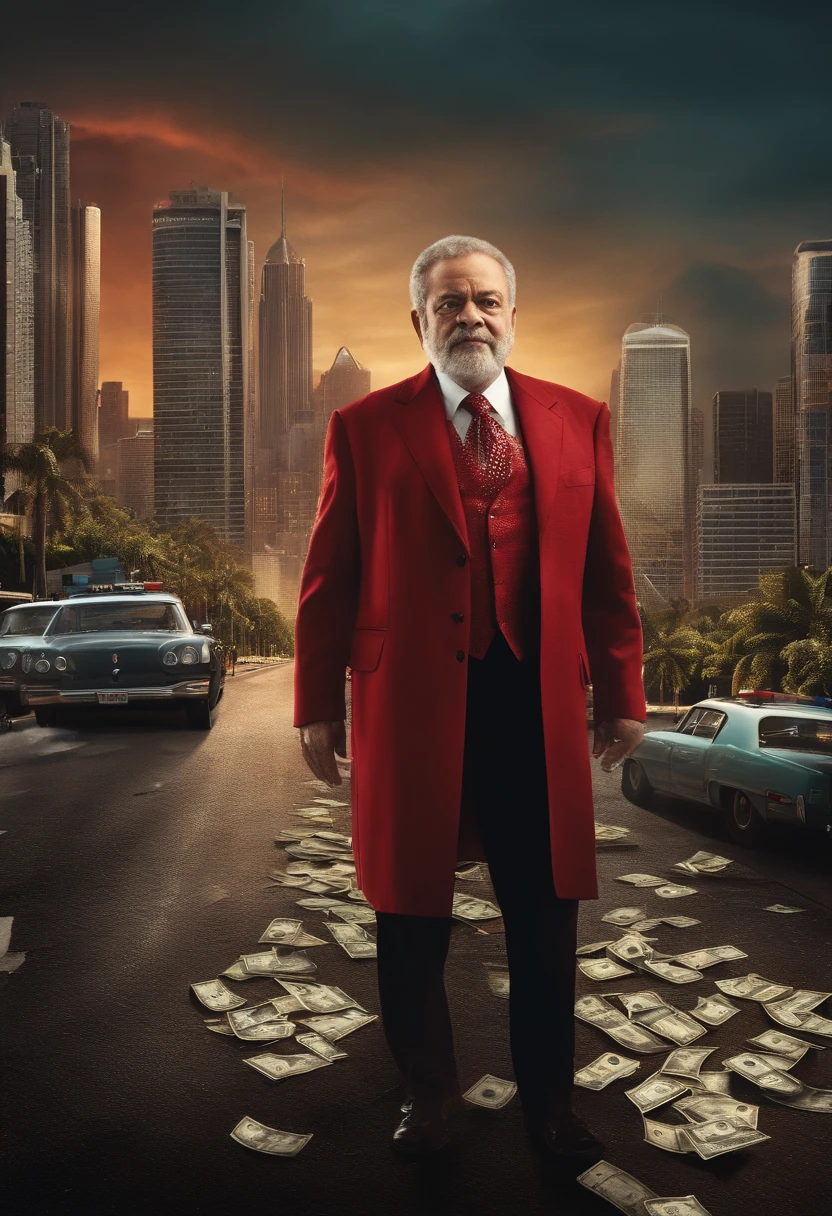O Spent, Luiz Inácio Lula da Silva wearing a tattered red suit, behind a pallet of money, on a dark street, skyscrapers in the background, police car on the side of the street, tilted camera angle, cinematic, film poster, font Big title, high details