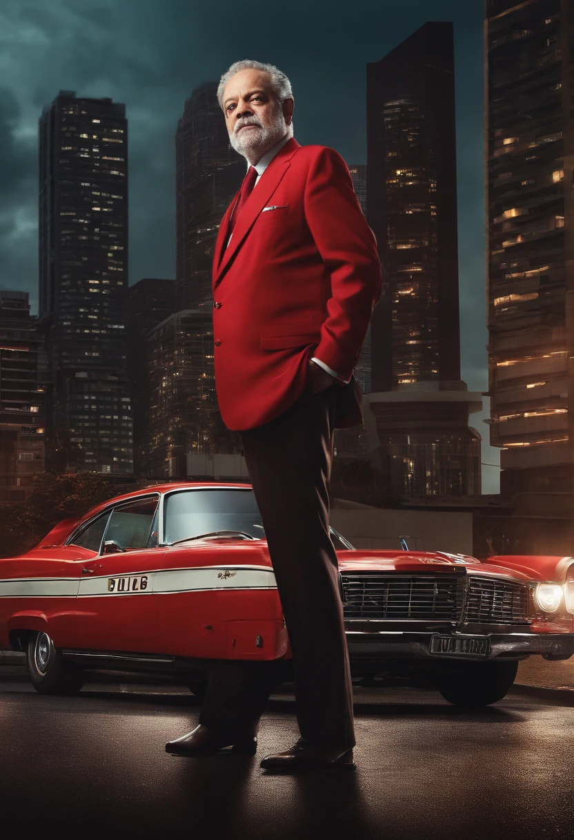 O Spent, Luiz Inácio Lula da Silva wearing a tattered red suit, behind a pallet of money, on a dark street, skyscrapers in the background, police car on the side of the street, tilted camera angle, cinematic, film poster, font Big title, high details