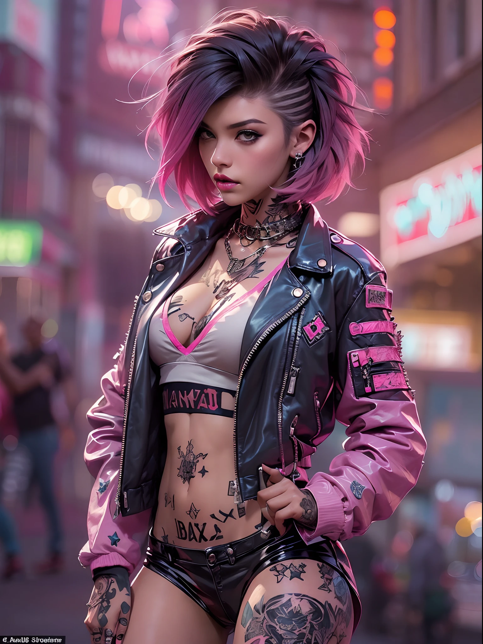 (((of the highest quality: 1.4))),(unparalleled masterpiece ever), (Ultra high definition),(Ultra-realistic 8K CG), offcial art、 (((adult body))), (((1girl in))), ((( Bob Shorthair ))), Punk girl with a perfect body, Jacket with metal spines,Beautiful and well-groomed face,,Detailed punk fashion,leather jackets, (Image from head to thigh),((Pink Bob Shorthair )), Small leather panties, Simon Bisley's urban savage style,Detailed street background of London,Clean abs, Complex graphics, dark pink with white stars and gray and white stripes,,,, (( Many poisonous tattoos )), piercings,