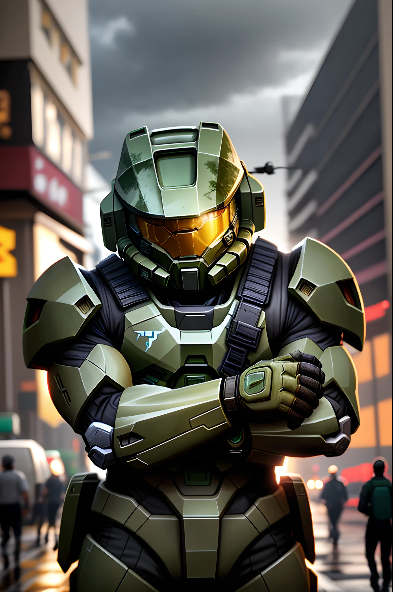 Masterchief do game halo do lado de fora da cidade 17, Chuva, RTX, OctaneRender, Unreal Holding a car headlight in both hands and shining on one side