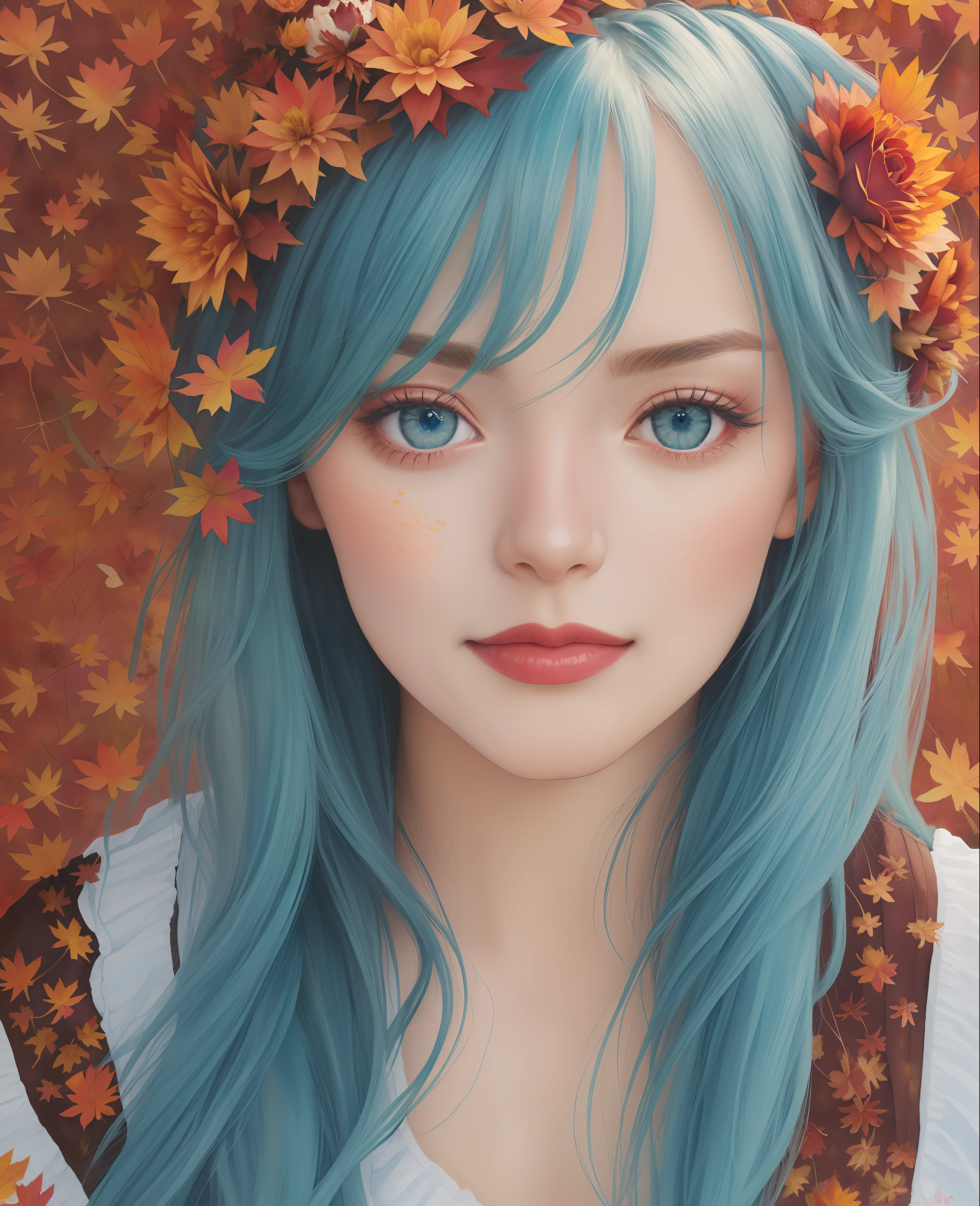 1girl, blue eyes,green hair, rose, camellia, daisy, freckles, portrait, petals, tulip, (background full of flowers) ,(face close up), (Open eyes), (vibrant colors), (autumn:1.5), watercolor painting
