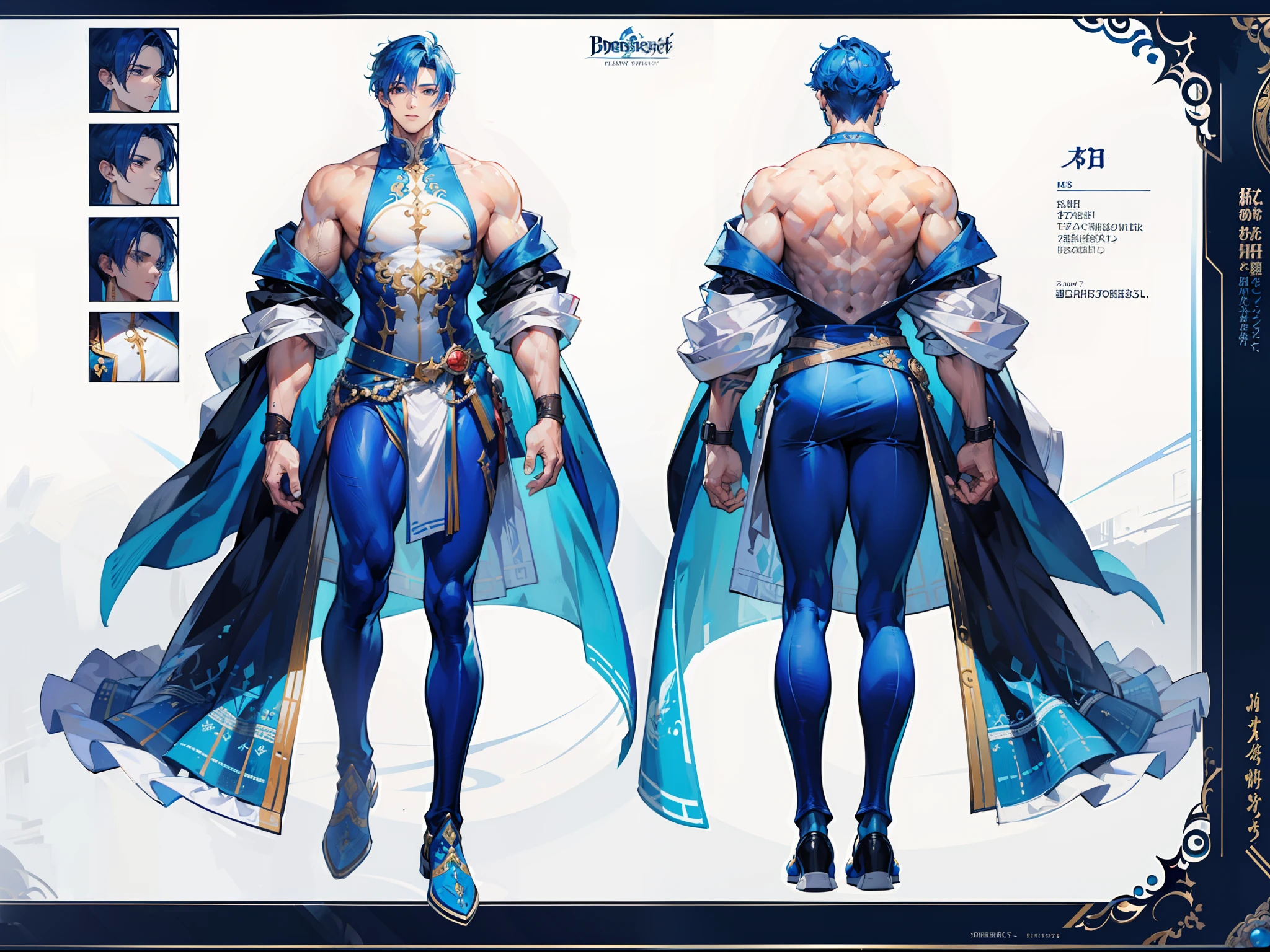 ((Masterpiece, Highest quality)), Male, boy, Detailed face, character design sheet,full body esbian, Full of details, frontal body view, back body view, Highly detailed, Depth, Many parts, Muscle boy with blue hair,handsome man, vampire outfit clothes, Genshin Impact, man tall, pectoral muscles, abs