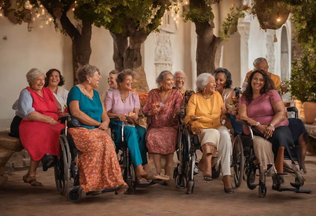 Abuelos y abuelas , adultos mayores, personas en silla de rueda, fundacion sin animo de lucro evento (La mejor calidad,8k),(realista:1.37),Grupo de personas discapacitadas y personas mayores riendo y compartiendo historias en una mesa,Evento social inclusivo,Ambiente feliz,warm lighting,Escena conmovedora,Grupo diverso de personas,expresiones alegres,conversation engaging,Conexiones significativas,emociones positivas,Encuentro intergeneracional,Community Engagement,Momentos inspiradores,Respectful interaction,Ambiente animado,Caras amistosas,Entorno inclusivo,Recuerdos inolvidables,Celebrando la diversidad,Apoyo incondicional,Empathy and compassion,creando amistades duraderas,Uplifting spirit,Capturing the beauty of human connection,Celebrando la vida,Incluye usuarios de sillas de ruedas y personas mayores,enjoying each other's company,relaciones enriquecedoras,creando un sentido de pertenencia,Impacto positivo en el bienestar mental,Ambiente amigable para las personas mayores,Difundiendo la felicidad,Interact with compassion,Expresiones faciales detalladas,ojos brillantes,Sonrisas brillantes,Trajes coloridos,happy tears of laughter,generando calidez y positividad,Vivid colors of love and joy,Momentos bellamente capturados,Historias memorables compartidas,Highlighting the importance of inclusion and diversity.