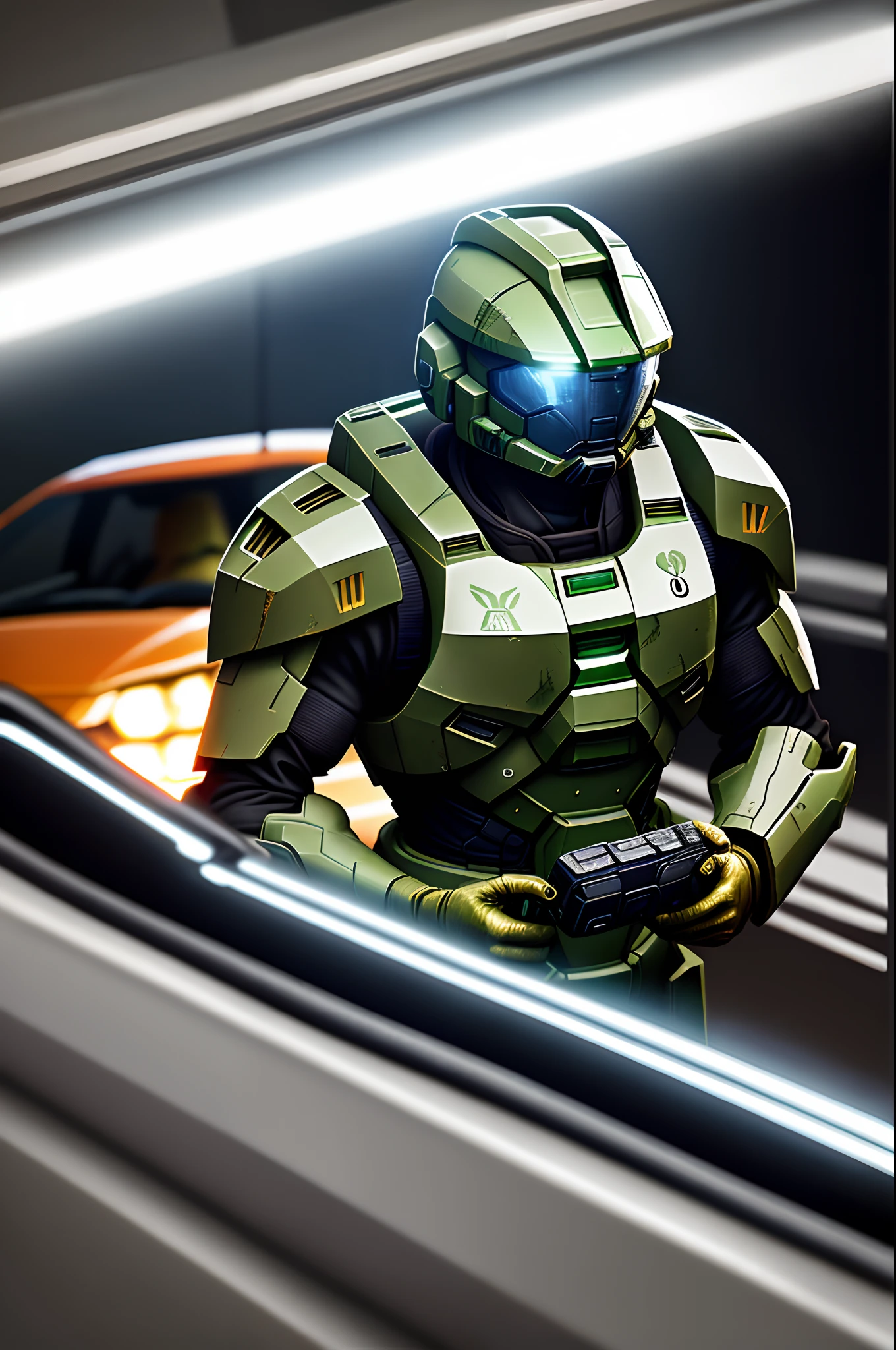 Masterchief do game halo do lado de fora da cidade 17, Chuva, RTX, OctaneRender, Unreal Holding a car headlight in both hands and shining on one side