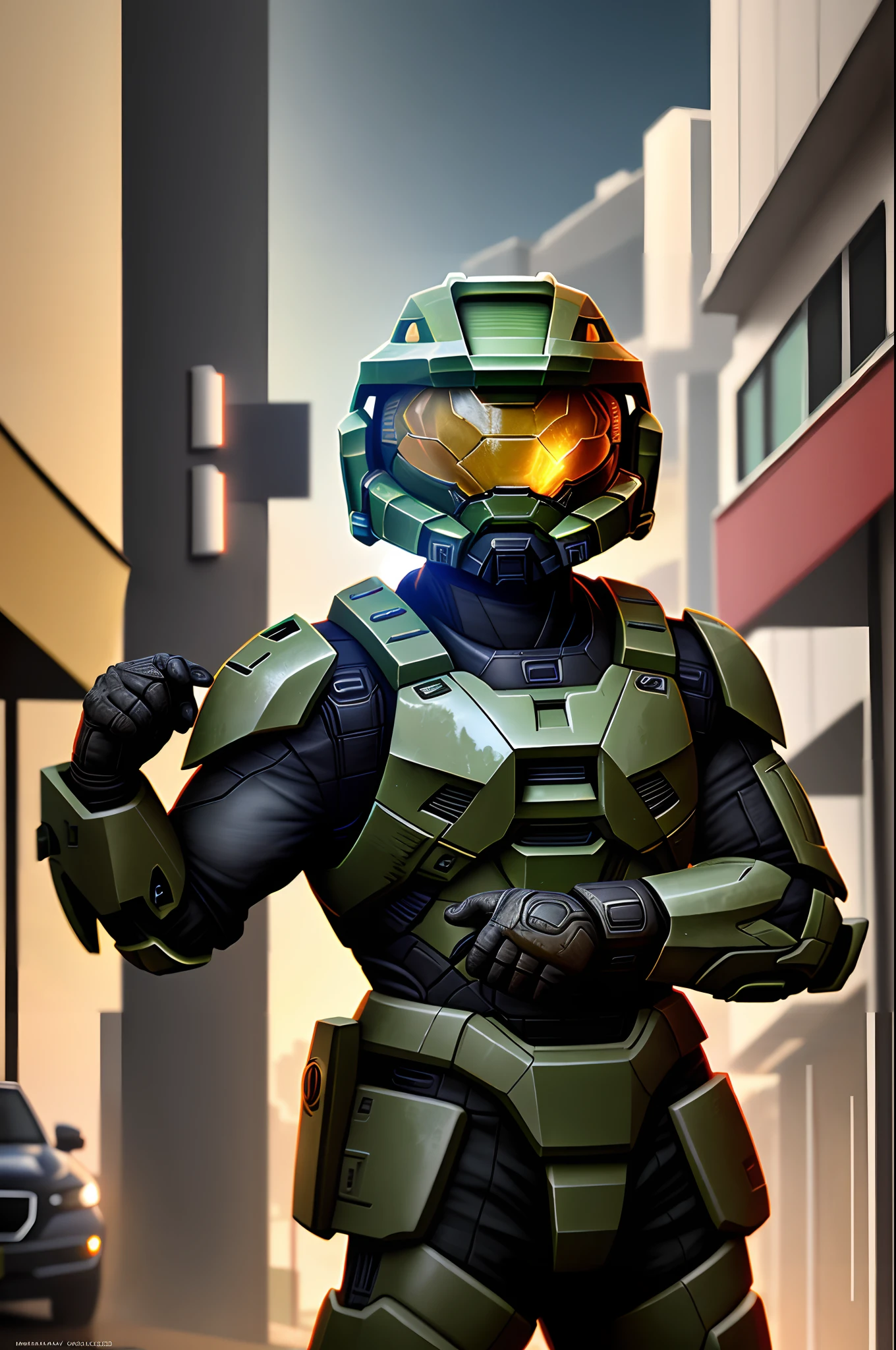 Masterchief do game halo do lado de fora da cidade 17, Chuva, RTX, OctaneRender, Unreal Holding a car headlight in both hands and shining on one side