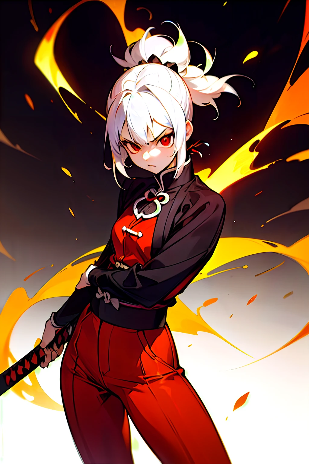 Anime young woman, short hair, hair tied back, colored white hair, strong body, red eyes, medium chest, small thighs, big body, furious face, Demon Slayer art style, anime art style, ((demon slayer haori de red color)), red color haori, red pants, ((holding one katana)), black colored katana metal, samurai pose, camera above, fire coming out of the katana, Fire background, black background, dark environment, feeling of heat, intense heat, yellow and red fire, Sinister color palette, sharp colors, vivid colors, Masterpiece 4k, best quality, best lighting, realistic shadows