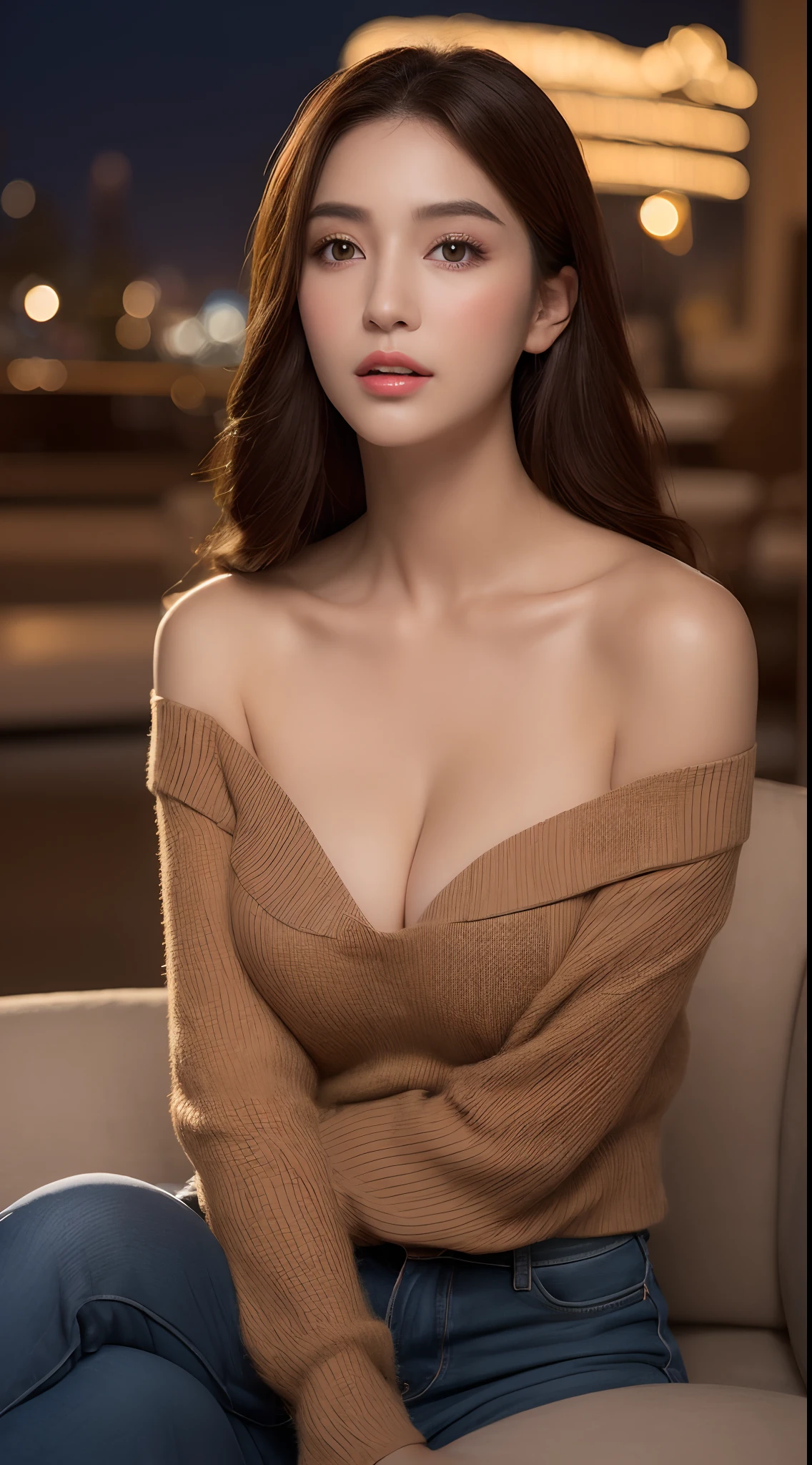 ((Night Scene, Realistic Light, Best Quality, 8K, Masterpiece: 1.3)), 1 Girl, Slim Body Beauty: 1.4, (Brown Hair, Middle Breast: 1.3), Off-Shoulder Cut Top: 1.3, Sofa, Ultra Detailed Face, Detailed Eyes, Double Eyelids, Disneyland, Cleavage