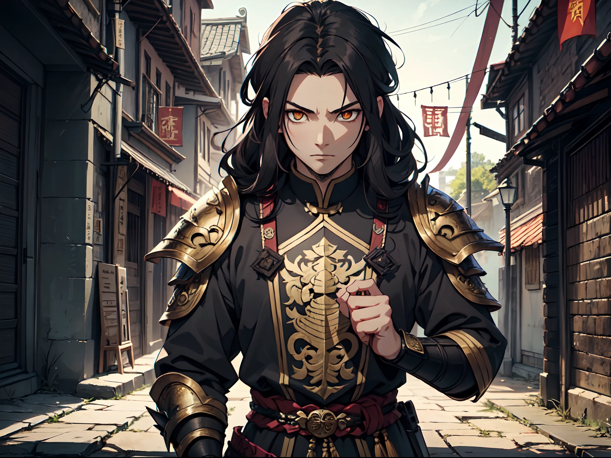Ultra High Definition, Ultra High Quality, Extremely Detailed, Perfectly Detailed, Masterpiece, 8k, 1 Boy, Look A Like Xin From Kingdom Anime, Handsome, Armored With Chinese Emperor Armor, Black And Orange Pupil Eyes, Black Long Hair Tied, Full Body Shot, Ancient Kingdom Background