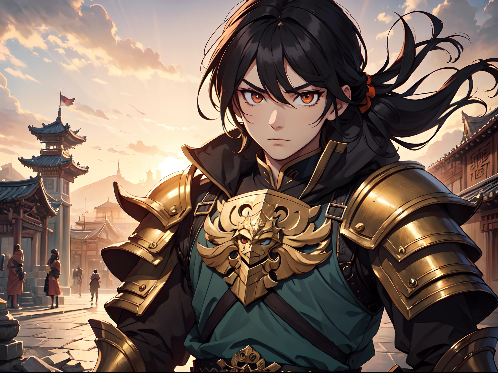 Ultra High Definition, Ultra High Quality, Extremely Detailed, Perfectly Detailed, Masterpiece, 8k, 1 Boy, Look A Like Xin From Kingdom Anime, Handsome, Armored With Chinese Emperor Armor, Black And Orange Pupil Eyes, Black Long Hair Tied, Full Body Shot, Ancient Kingdom Background