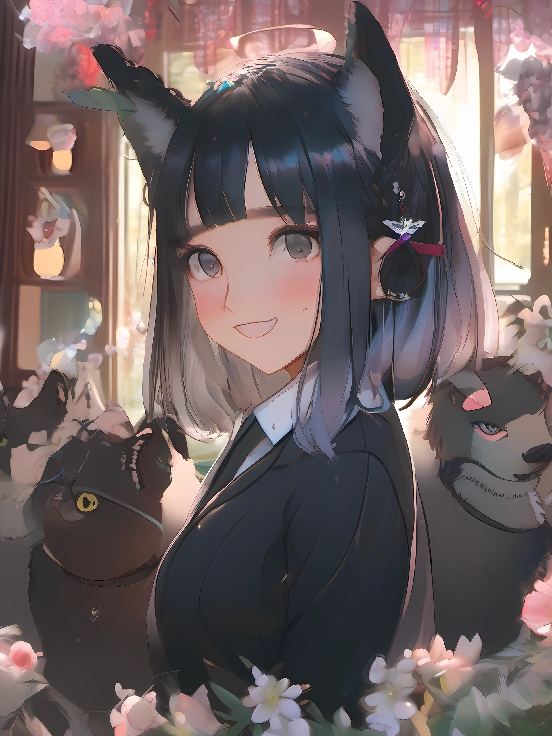 black hair, hair bobbles, wince, longeyelashes, solid circle eyes, fake animal ears, light smile, ear blush, fang, asymmetrical hair, Surrealism, drop shadow, anaglyph, stereogram, tachi-e, pov, atmospheric perspective, depth of field, cinematic lighting, lens flare, 8k, super detail, ccurate, best quality