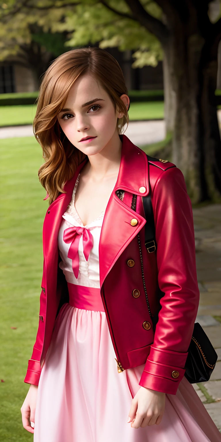 Emma watson, 22 years old, 1girl, aerith Gainsborough dress, pink dress, red jacket, beautiful, masterpiece