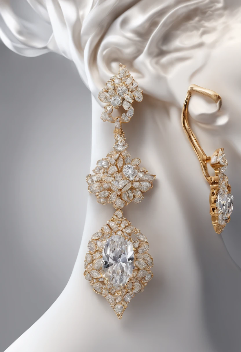 The prompt for Stable Diffusion is:
"diamond earrings on a white background, in the style of trompe-l'oeil folds, light brown and gold, Radiant Clusters, theatrical gestures, recycled, Dente Wu, contrasting (best quality, 4k, 8k, highres, masterpiece:1.2), ultra-detailed, (realistic, photorealistic, photo-realistic:1.37), HDR, UHD, studio lighting, ultra-fine painting, sharp focus, physically-based rendering, extreme detail description, professional, vivid colors, bokeh, portraits, contrasting colors, theatrical lighting"