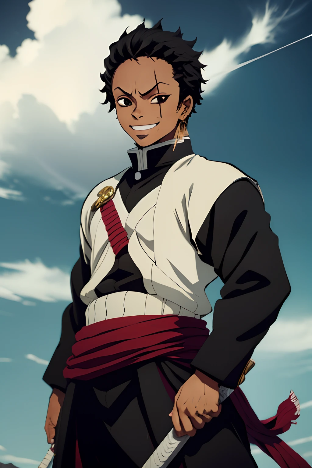 black young man, negro, black hair, zoro hairstyle, red sword, wind, wind breath, demon slayer uniform, bleach pose, smile