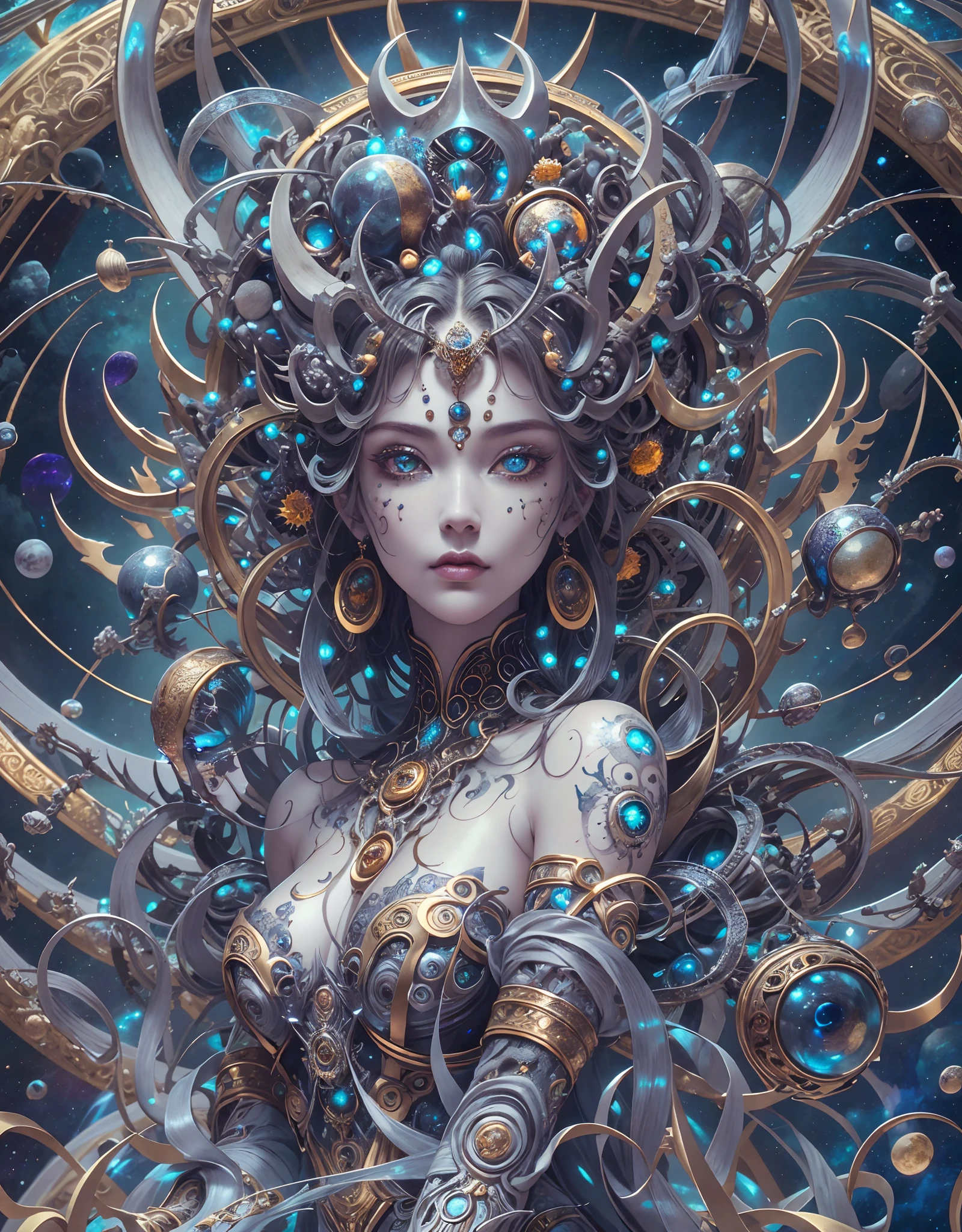 (best qualtiy,ultra - detailed,Most Best Illustration,Best shadow,tmasterpiece,A high resolution,professionalartwork,famousartwork),Detailed eyes,beautidful eyes,closeup cleavage,sci-fy,colored sclera,Robot eyes,face markings,Tattooed with,(fractalized,Fractal eyes),largeeyes,Wide eyes,(Eye focus),sface focus,Cosmic eyes,Space eyes,Close-up of metal sculpture of a woman with a moon in her hair,goddes。extremly high detail,3 d goddess portrait,Extremely detailed footage of the goddess,a stunning portrait of a goddess,Side portrait of the goddess,portrait of a beautiful goddess,Full body close-up portrait of the goddess,hecate goddess,portrait of a norse moon goddess,goddess of space and time
