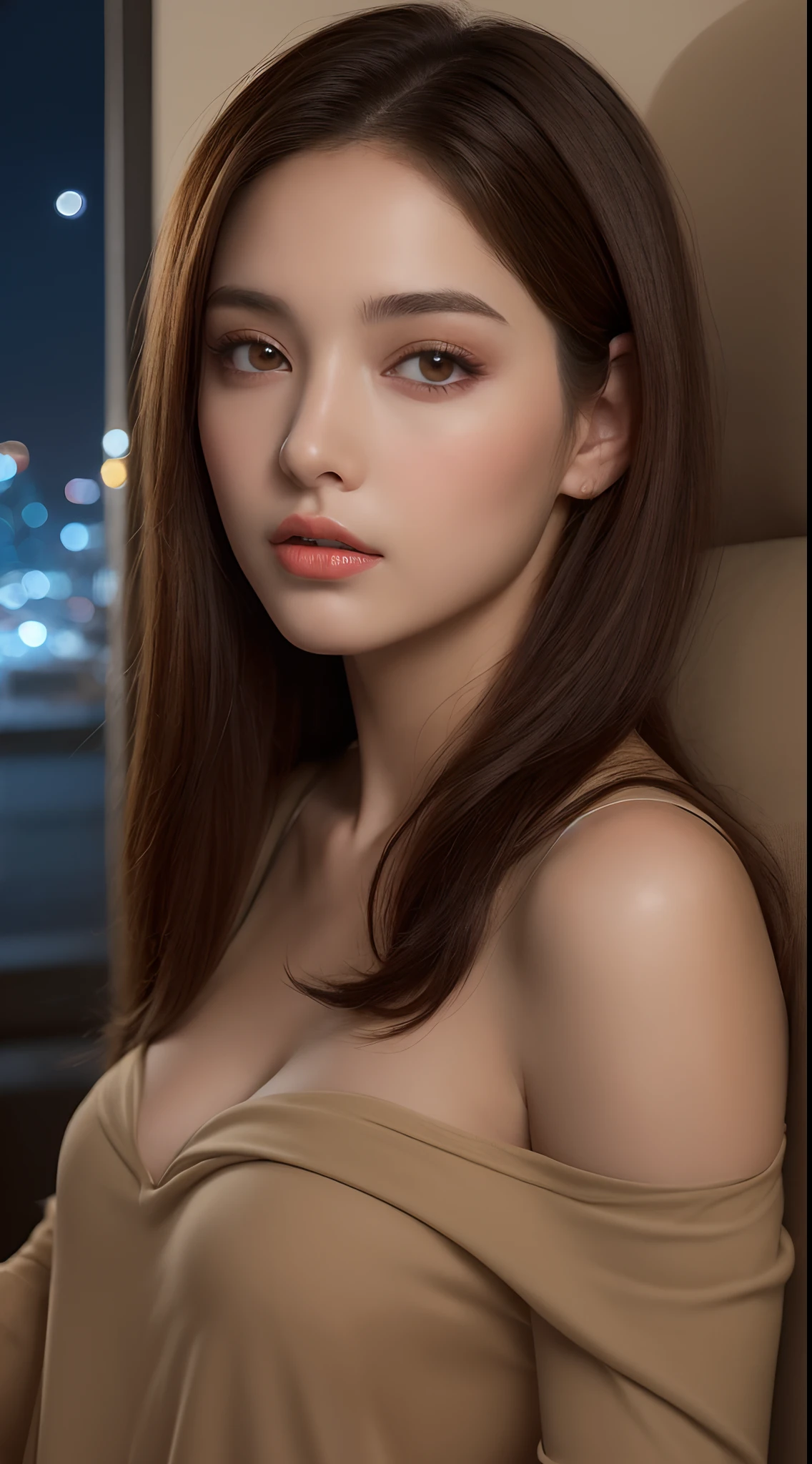 ((Night view, realistic light, best quality, 8k, masterpiece: 1.3)), 1girl, pretty woman with slim figure: 1.4, (brown hair, medium breasts: 1.3), off-the-shoulder cut top: 1.3, sofa, super detailed face, detailed eyes, double eyelids