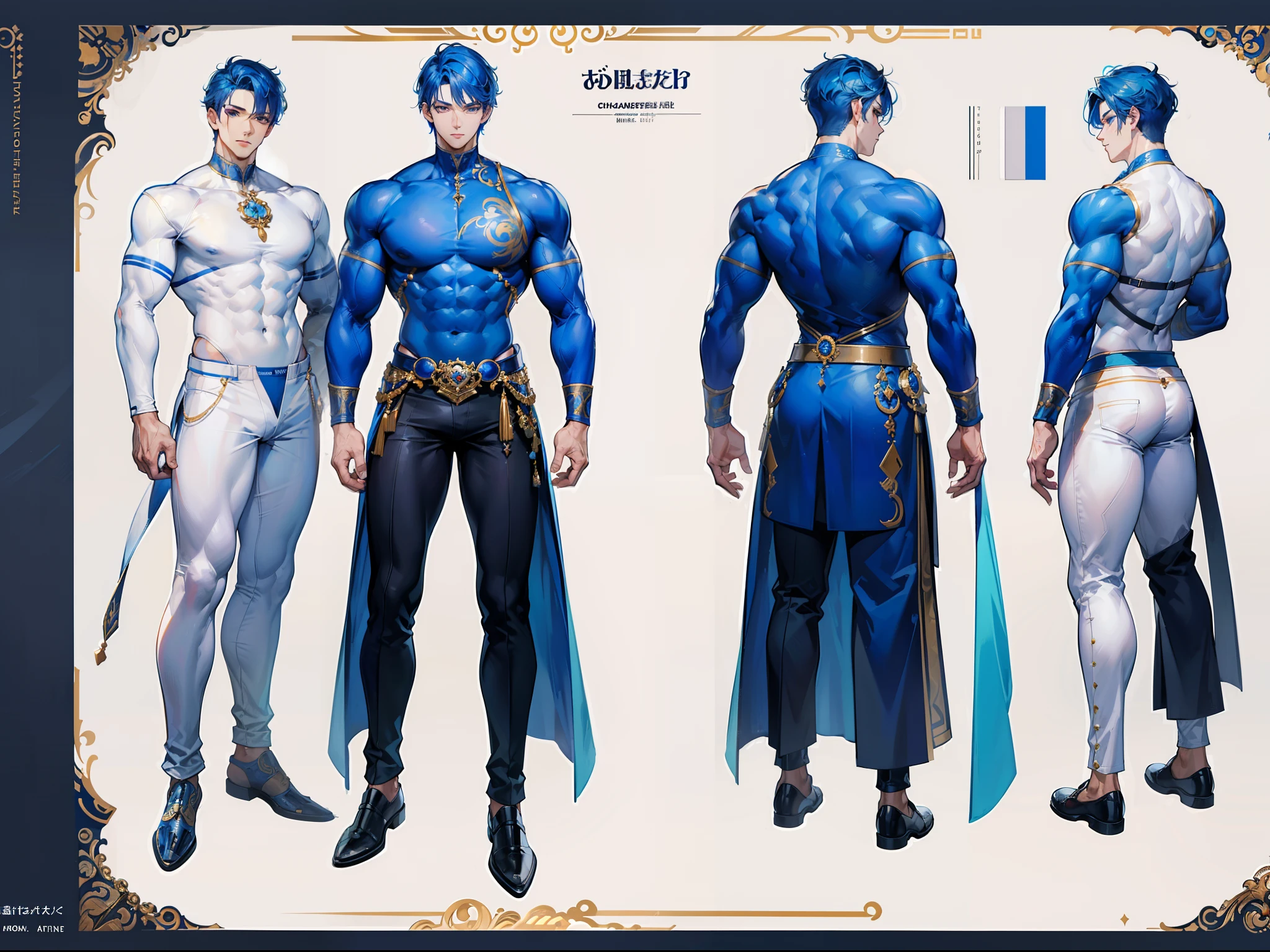 ((Masterpiece, Highest quality)), Detailed face, character design sheet， full bodyesbian, Full of details, frontal body view, back body view, Highly detailed, Depth, Many parts, Muscle boy with blue hair，handsome man, muscle body, white outfit male gods, man tall