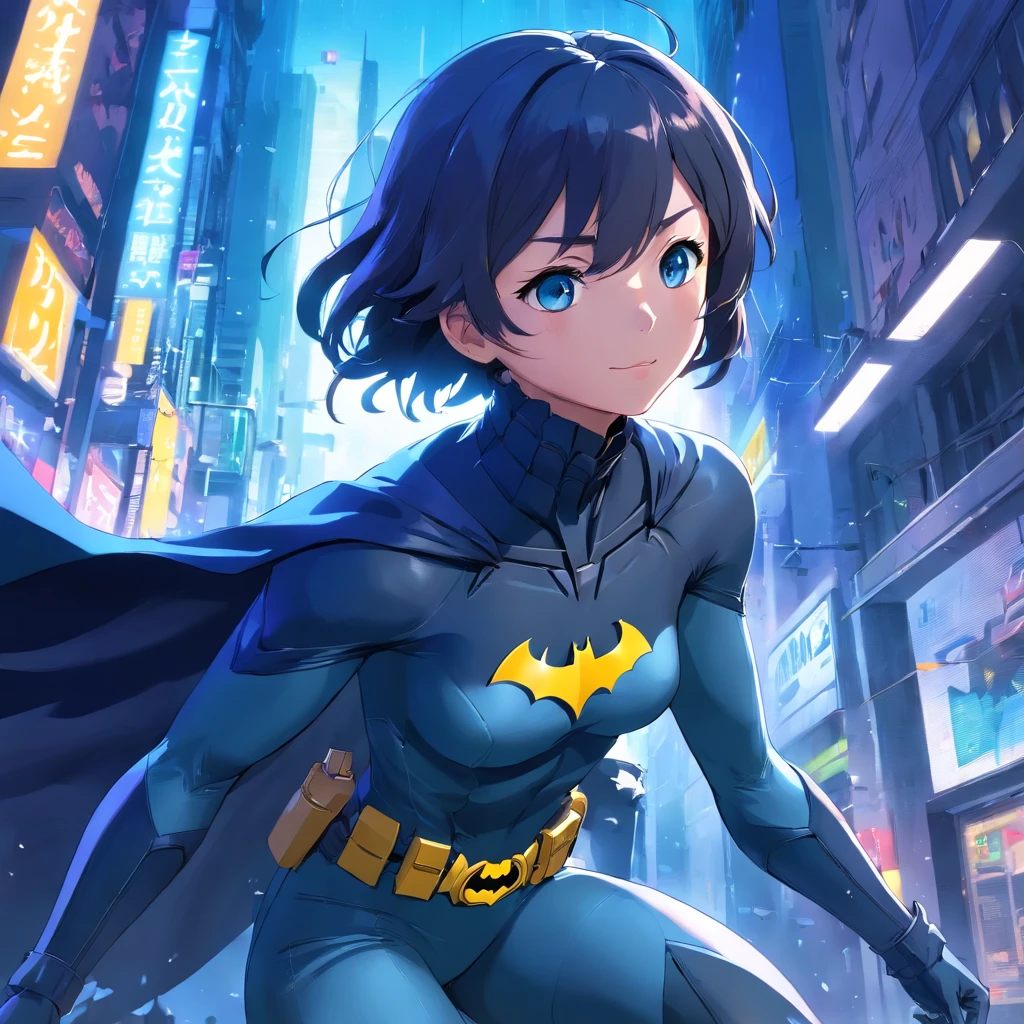 Imagen realista de un cibertraje avanzado en color azul, Batman de DC Comics