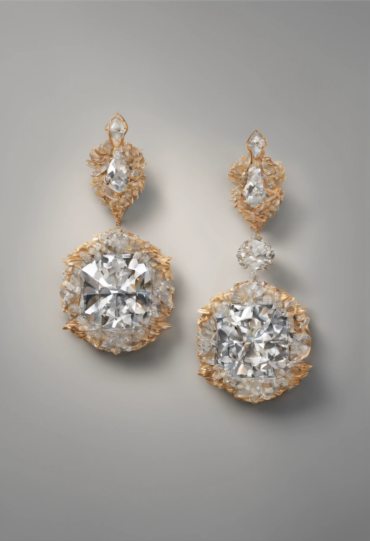 The prompt for Stable Diffusion is:
"diamond earrings on a white background, in the style of trompe-l'oeil folds, light brown and gold, Radiant Clusters, theatrical gestures, recycled, Dente Wu, contrasting (best quality, 4k, 8k, highres, masterpiece:1.2), ultra-detailed, (realistic, photorealistic, photo-realistic:1.37), HDR, UHD, studio lighting, ultra-fine painting, sharp focus, physically-based rendering, extreme detail description, professional, vivid colors, bokeh, portraits, contrasting colors, theatrical lighting"