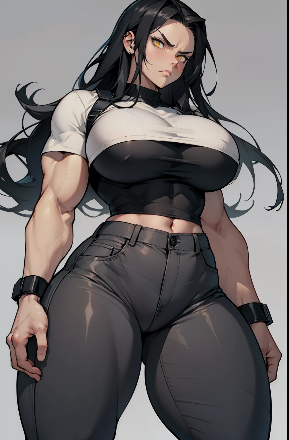 ((grey background)), solo, ((1 girl)), very long hair, black hair, angry, yellow eyes, ((muscular)), ((huge tits)), ((thick thighs)), ((wide hips)), pale skin, (tight shirt), (tight pants), standing