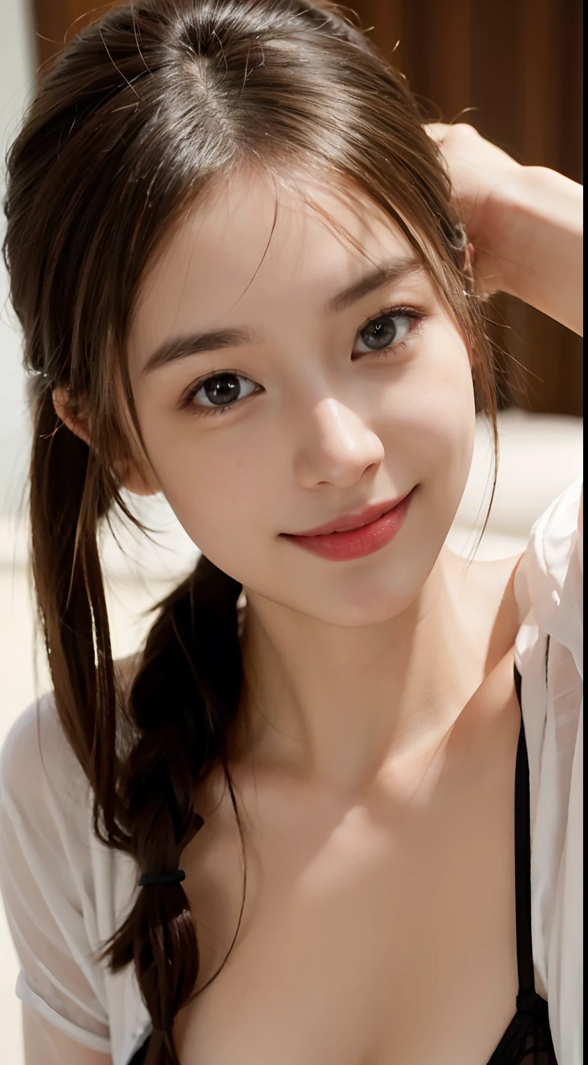 1 pretty girl,white skinned,brown hair,looking at viewer,pony tail, happy smile, sports illustrate, summer dress