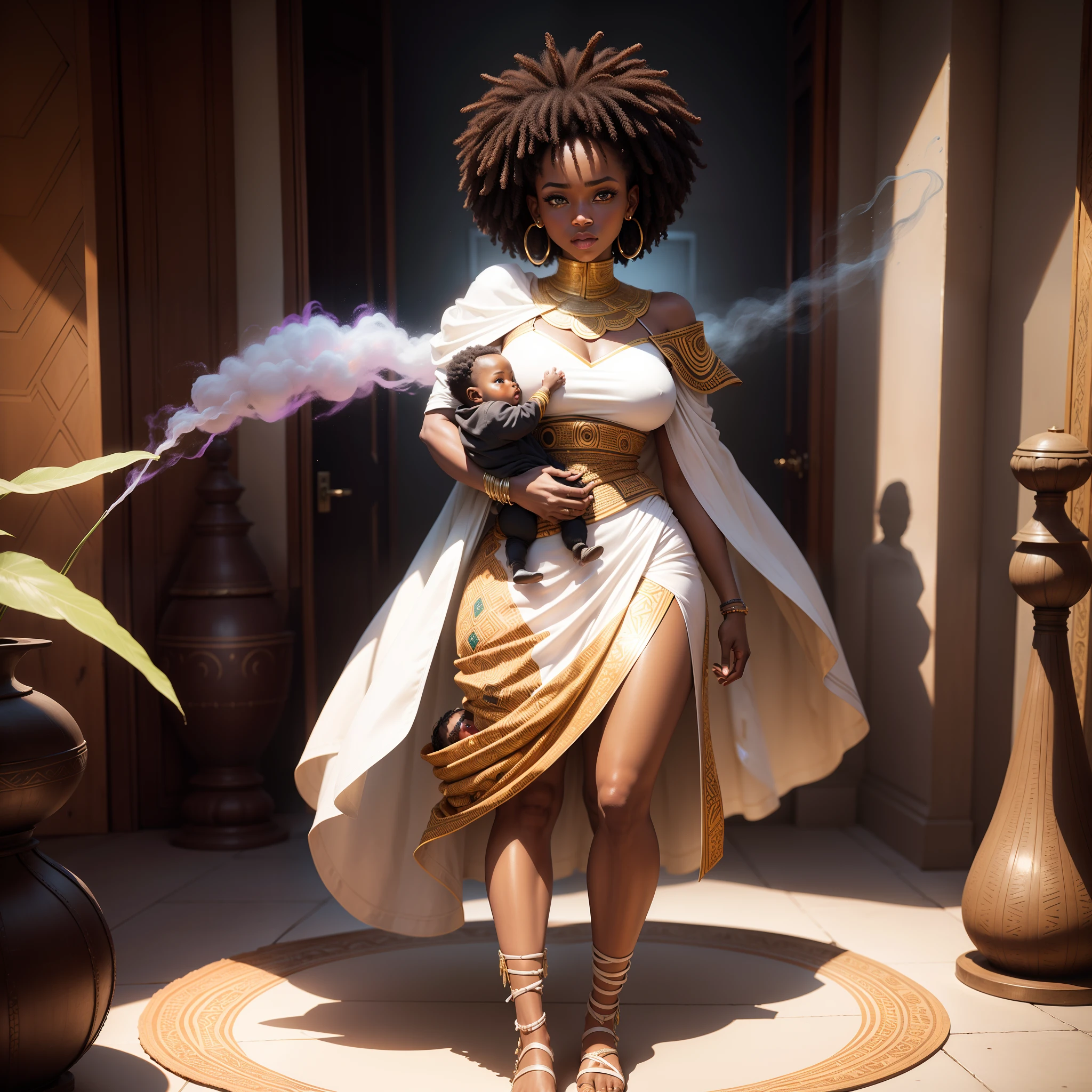 Full body shot of African black woman holding a black baby, both wearing African designed clothes standing in a coloured white African designed room full of African weapons and African instruments, the whole scene in white colour, white smoke in scene, with iridescent light, photorealistic image, 32k, ultra HD, cinematic lighting, artgerm style, highly detailed images, vibrant and beautiful colours,