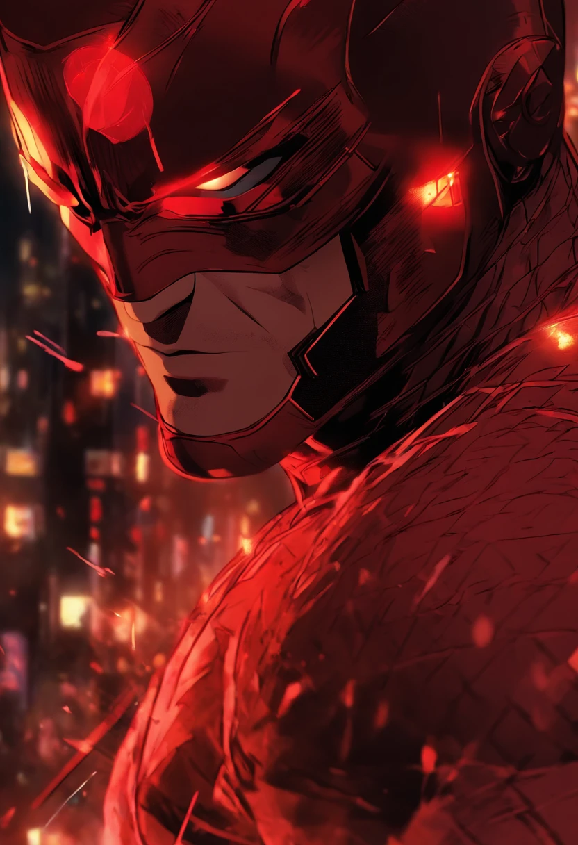 Daredevil adolescent dans un costume de combat rouge, avec de petites lignes rouges et des yeux rouges, un masque demi-rouge, and a hint of smirking, with two small horns protruding from the top of the head. Version anime poster