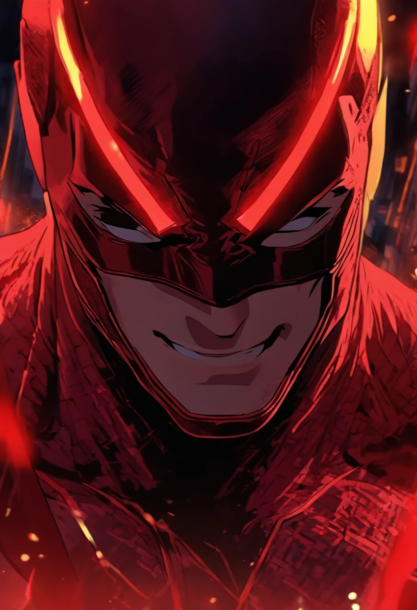 Daredevil adolescent dans un costume de combat rouge, avec de petites lignes rouges et des yeux rouges, un masque demi-rouge, and a hint of smirking, with two small horns protruding from the top of the head. Version anime poster