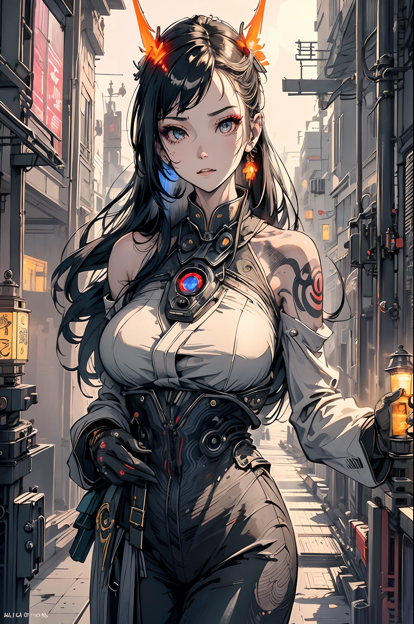 Cyberpunk,skyscraper,City,alley,Night,Moon,Beautiful detailed sky,Best quality,Amazing,Delicate,Masterpiece,超高分辨率,Ultra detailed,Highly detailed,intricately details,Beautiful detailed,8K resolution,Professional lighting,Physically-based rendering,Cool,Sharp focus,unbelievable Ridiculous,Cinematic lighting,Ray tracing,1girll,Solo,A MILF,Dancer,White eyes,poison fangs,Pupil of the slit,Bright pupils,Reflectors,Determined,Cyberhanfu,Cheongsam, (full of machinery and futuristic element:1.5), futurism,stole,framed breasts,view the viewer,hair adornments,Long hair,Silver hair,Floating hair,Hairline,Expressive hair,standing,mitts,(Tattoo of glowing flowers:1.2)