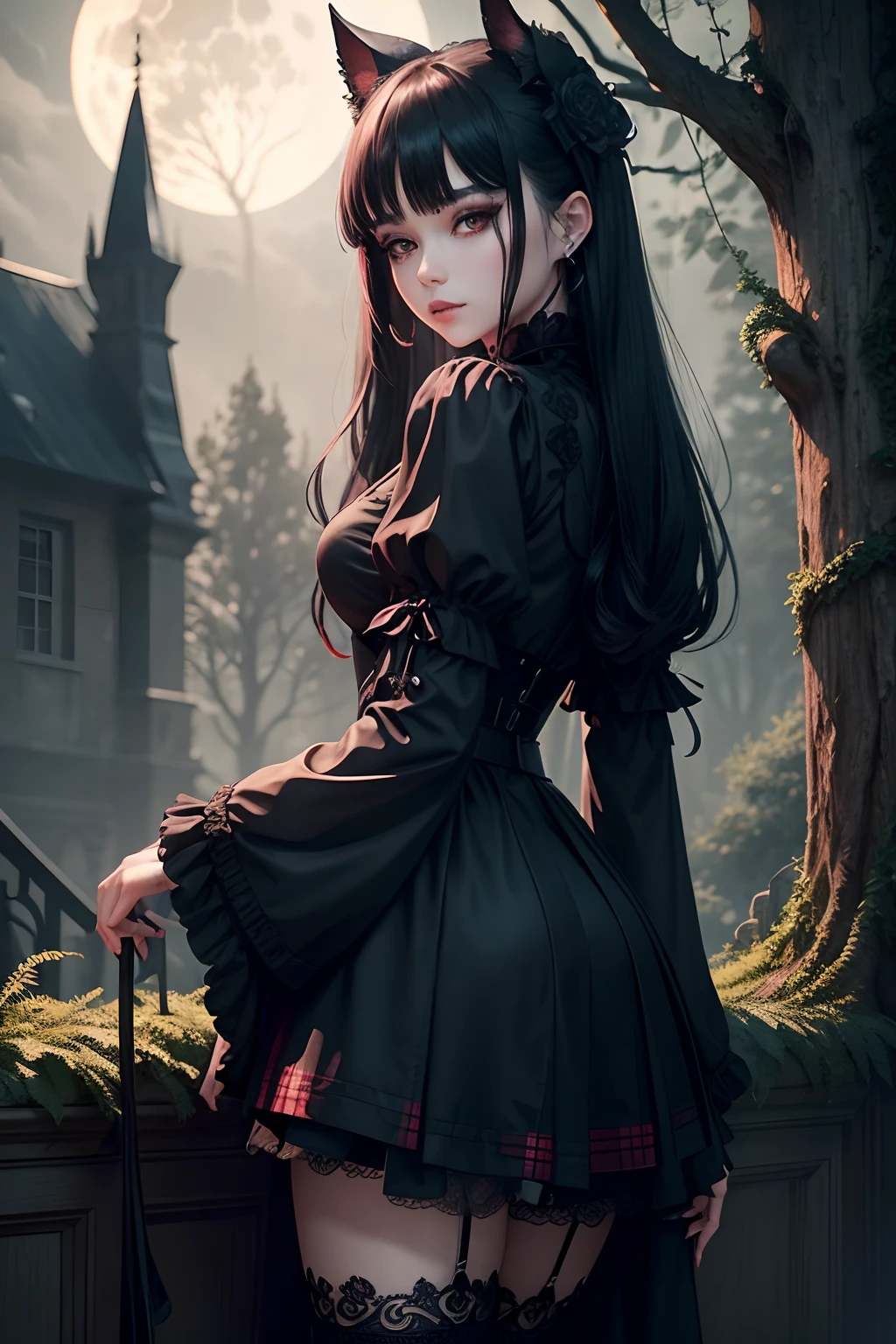 Surrounded by gardens with a dark and eerie atmosphere, With wilted flowers and twisted trees, Full moon shining in a cloudy sky, Create an unforgettable atmosphere.extremely detailed eye and face、Black straight hair、Red plaid skirt、Black Goth Lolita Dress、Bell Sleeve、Wizard Sleeve、Black Knee High Socks、garterbelts、Red Rose、21years old、wretched、A slight smil、Cheek dyeing、Mystical expression、gotik、Beautie、Dark late night forest landscape、Glamour、boredom、A sexy、Foggy、shadings、Dark Gothic Makeup、Soft expression、