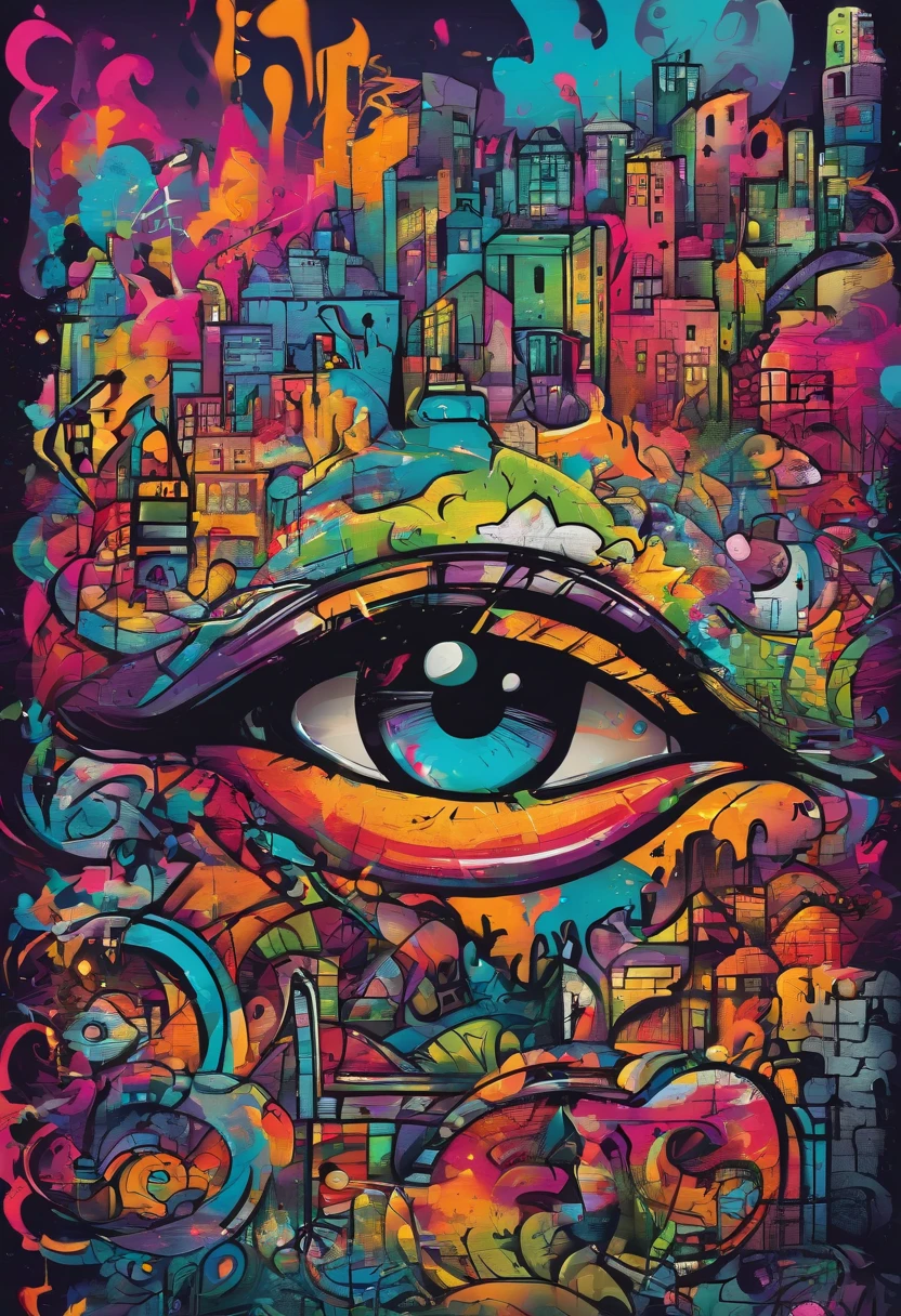 (best quality, highres, high contrast:1.2), vivid colors, detailed monsters, complete image, pichação-inspired graffiti, urban landscape, dramatic lighting, spray paint texture, large scale, vibrant street art, detailed textures, surreal monsters, bold and dynamic composition, gritty atmosphere, dark shadows, colorful tags, intricate details, exaggerated proportions, monstrous creatures, expressive lines, intense and vibrant colors, distorted perspective, graffiti-covered walls, chaotic and energetic, urban decay, urban art, raw and edgy, eye-catching visuals, masterful brushstrokes, contrast between darkness and brightness, whimsical elements