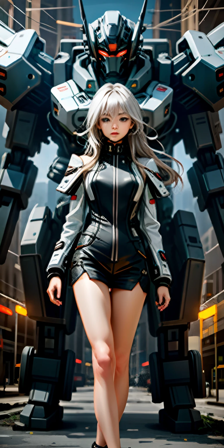 Portrait photo: Full body photo of a girl with long white hair，perfect  eyes，Wearing a silver mech coat，（（Light bokeh）），iintricate，（Steel metal[Rust]），ellegance，Sharp focus，，tmasterpiece，（the street）），Detailed and realistic face，closeup of face