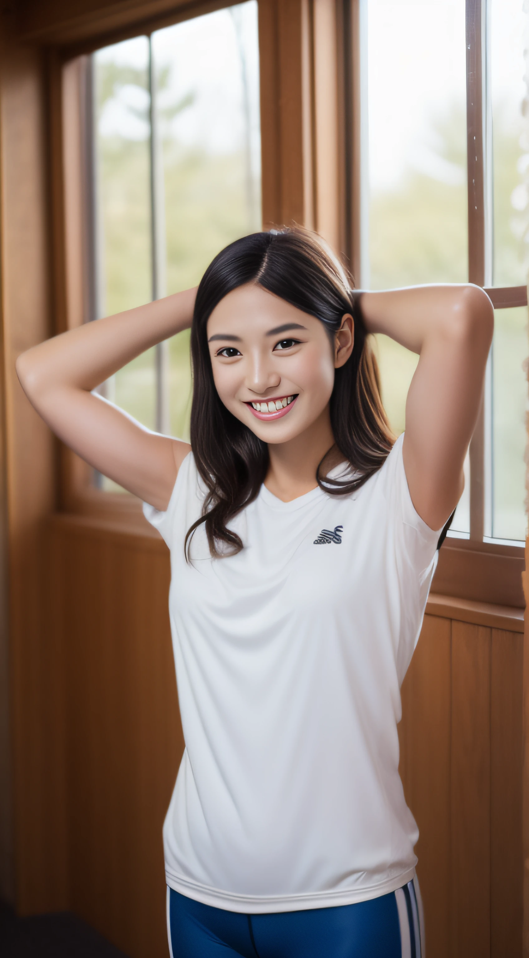 Escort Miss、a couple、Sports Clothing、Muscle training、sports gym、by the window、hiquality、A hyper-realistic、healthy、Smiling expression、Slender perfect figure、Japan beauties、beautidful eyes、face perfect、Beautiful skin