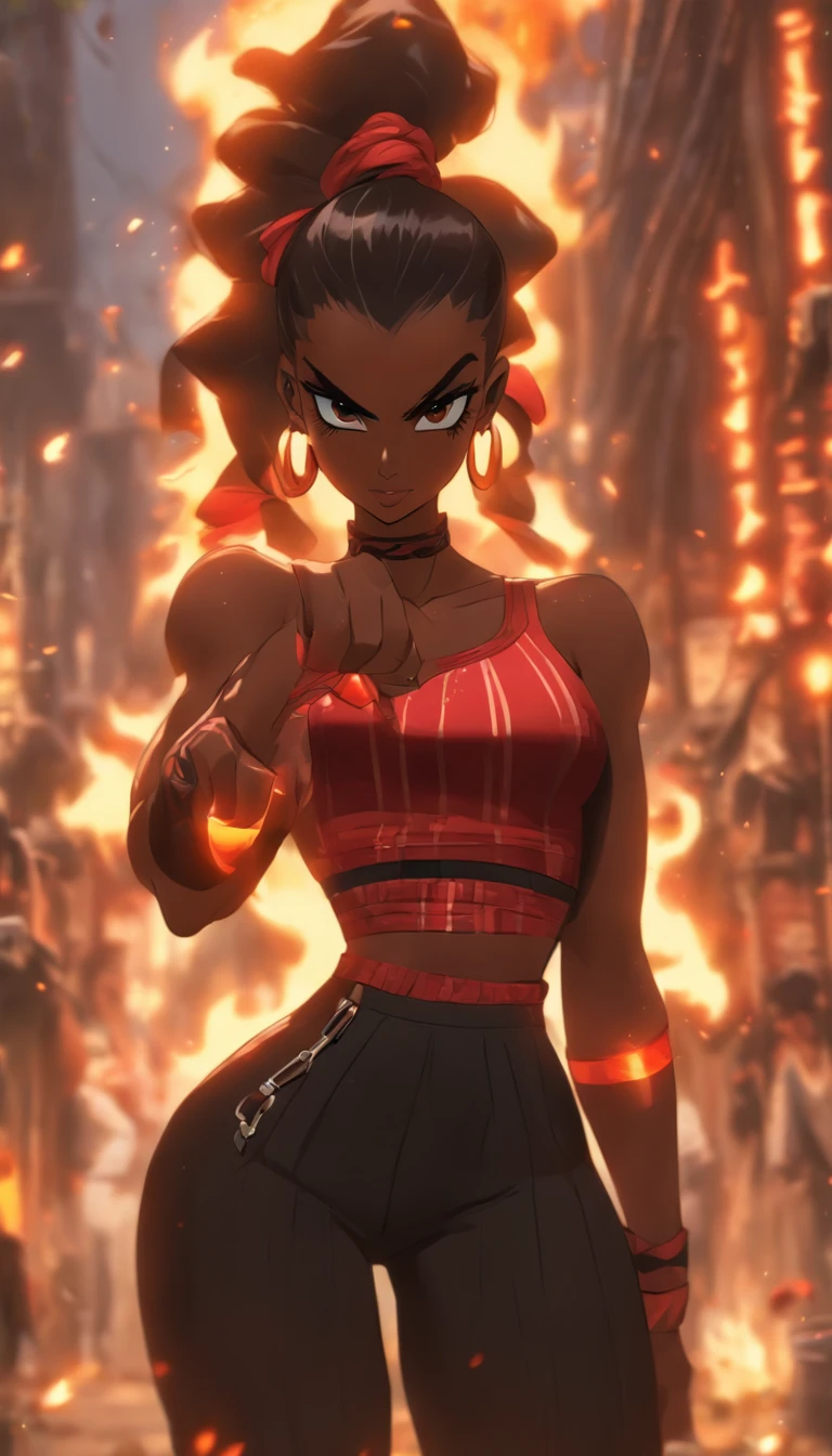 Connie maheswaran, (Masterpiece, ultra-detailed, best quality, highre, ,(((( dark-skinned female))), draagon girl, 25-year-old, Mahagony-skinned, darkskin, , convexed hooked nose, statuesque oblong-shaped face,vivacious black irises, , tone hourglass physique, alluring,(( large breasts, large butt, heart hips, long, toned legs)), taut ,carnal, strong body,Black eyes ,jet black braid hair, prominent ((excited fighter overlooking a battle arena city with hands in her pockets, looking over her shoulder)), (fire-red ankle-length half skirt buckled at her navel, open at the front revealing earth-colored high-thigh shorts, A black and red stripped button crop top with a ribbon-length vest. Both trimmed with gold.) (brown and red Forearm bands, painted nails laced up flats} (hair in a top dragon braid held by an stone flame ornament.}BREAK (( flame, arena, fiery two tone background)), ((Beautiful detailed city, energetic and fast pace atmosphere )) , hyper-stylistic, 5k, 77 gigapixels, , ultra-detailed, unreal 5,2.5d, , ultra-HD} ,Connie Maheswaran,