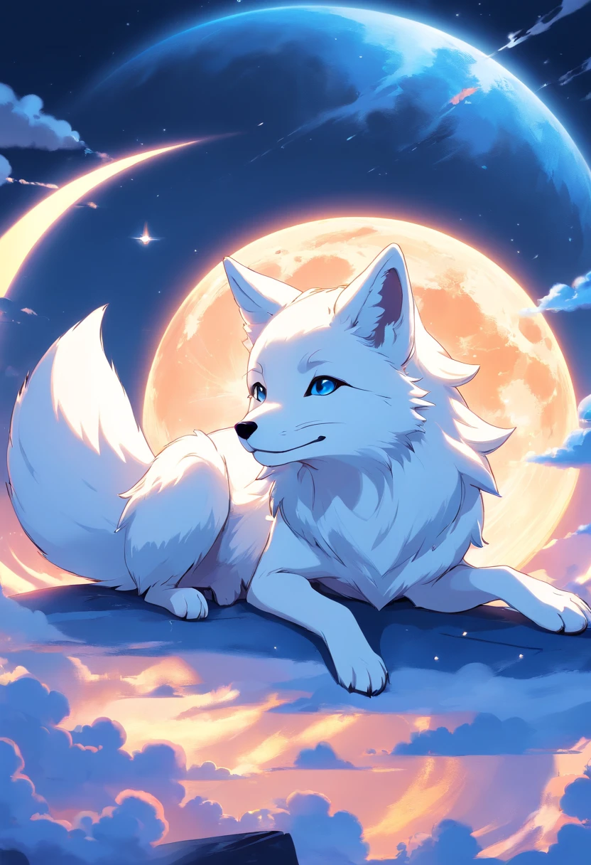 best quality, 8k, a white fox with blue flames on parts of its body lying on a moon, clouds scene