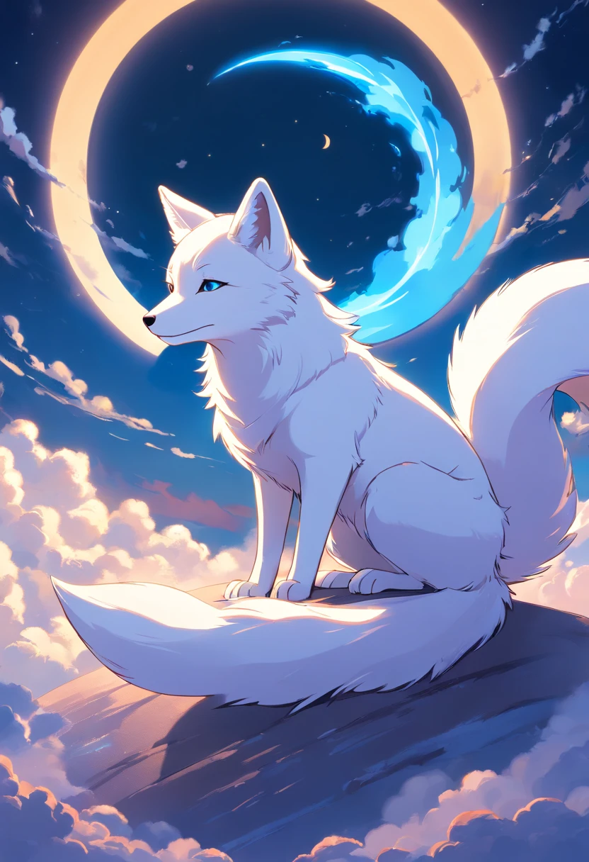 best quality, 8k, a white fox with blue flames on parts of its body lying on a moon, clouds scene