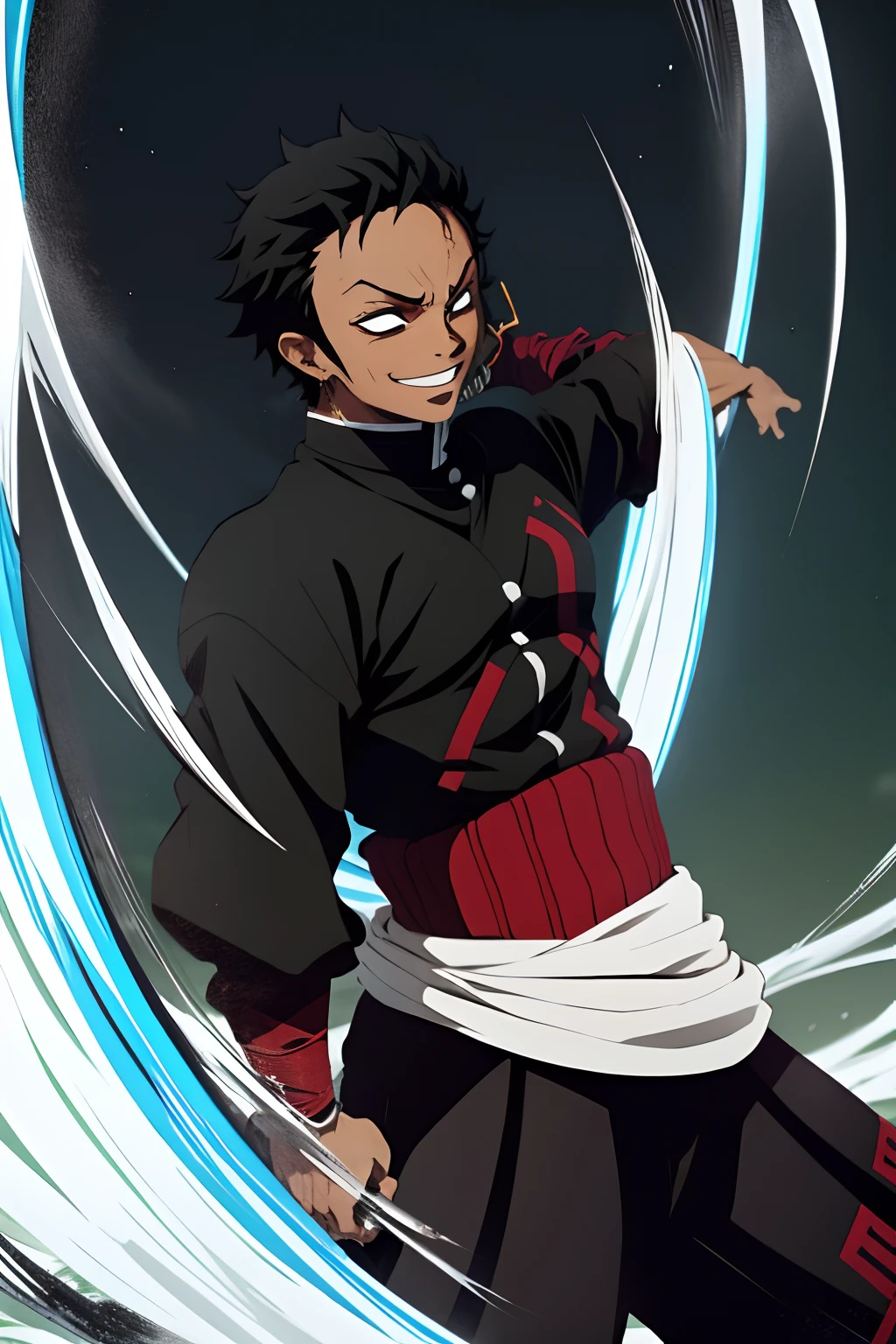 black young man, negro, black hair, zoro hairstyle, red sword, wind, wind breath, demon slayer uniform, bleach pose, smile